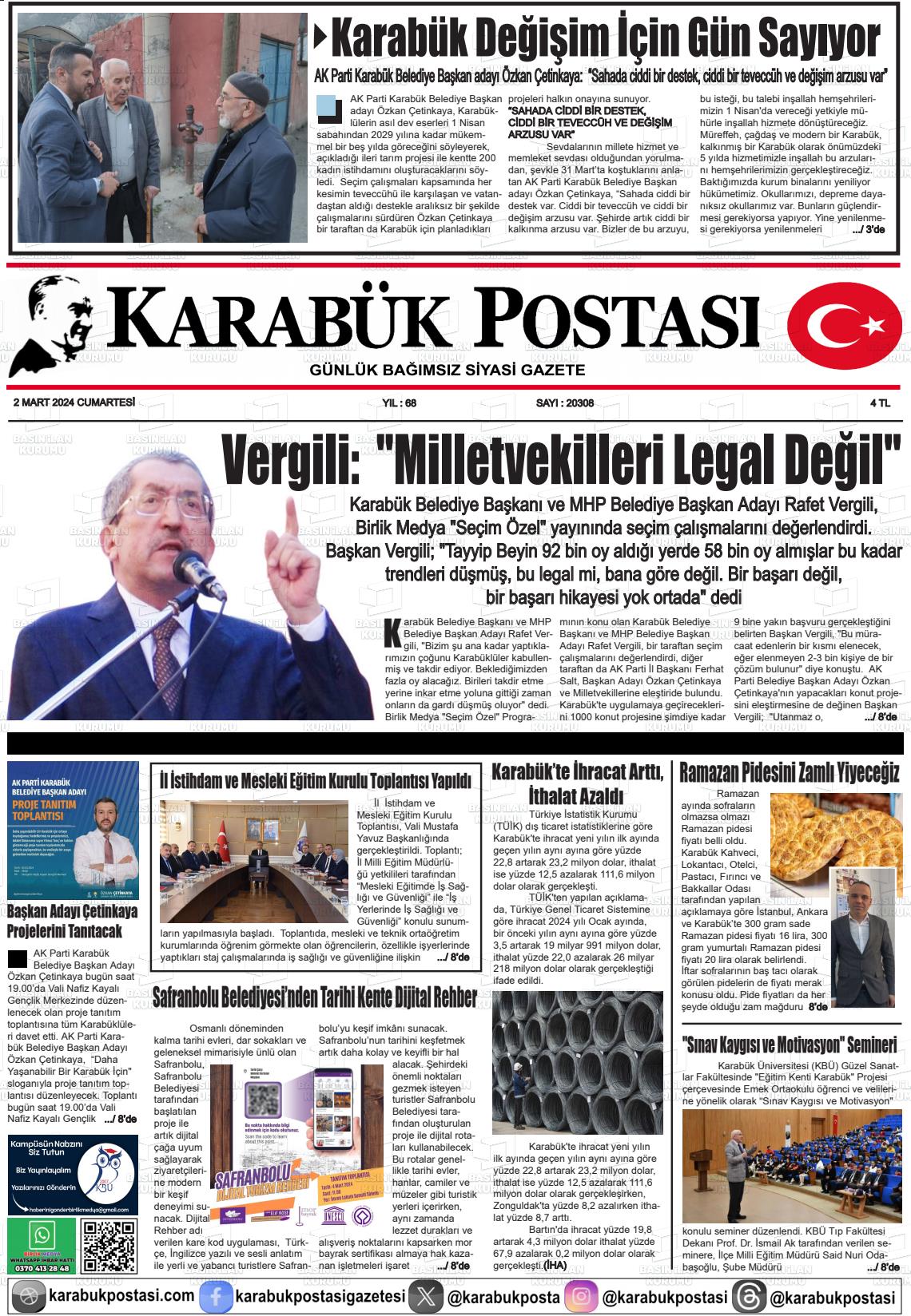 02 Mart 2024 Karabük Postası Gazete Manşeti