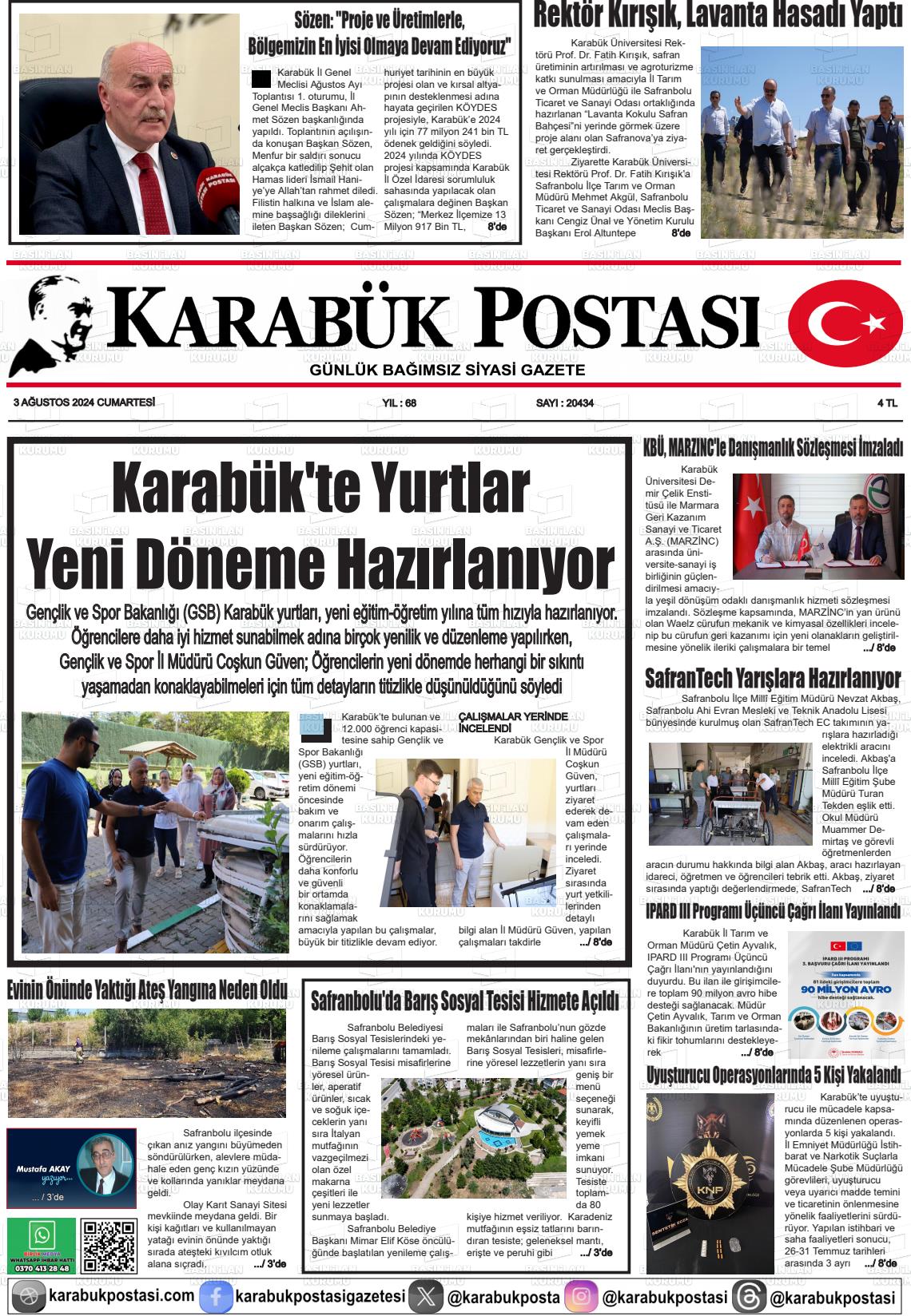 03 Ağustos 2024 Karabük Postası Gazete Manşeti