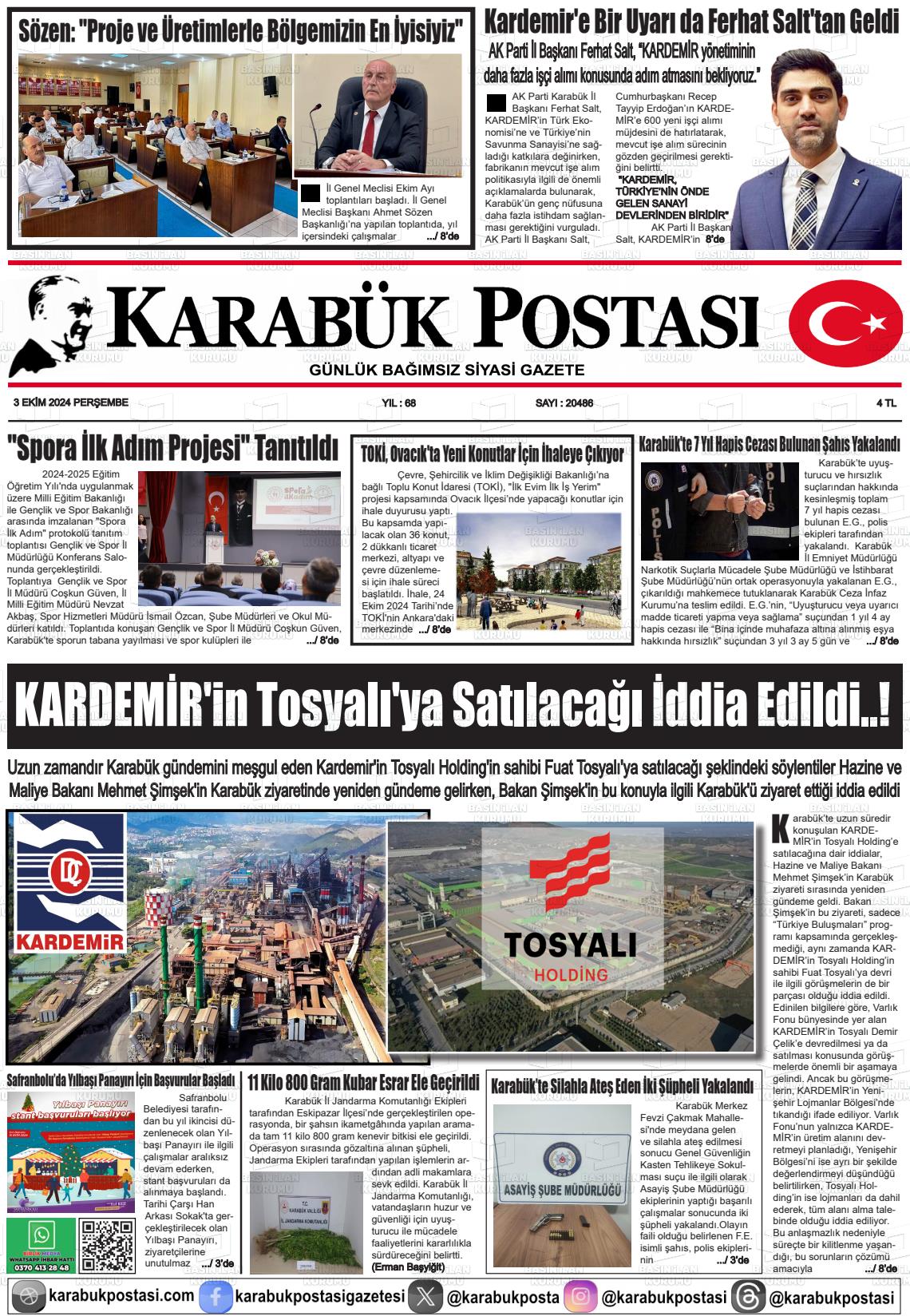 03 Ekim 2024 Karabük Postası Gazete Manşeti