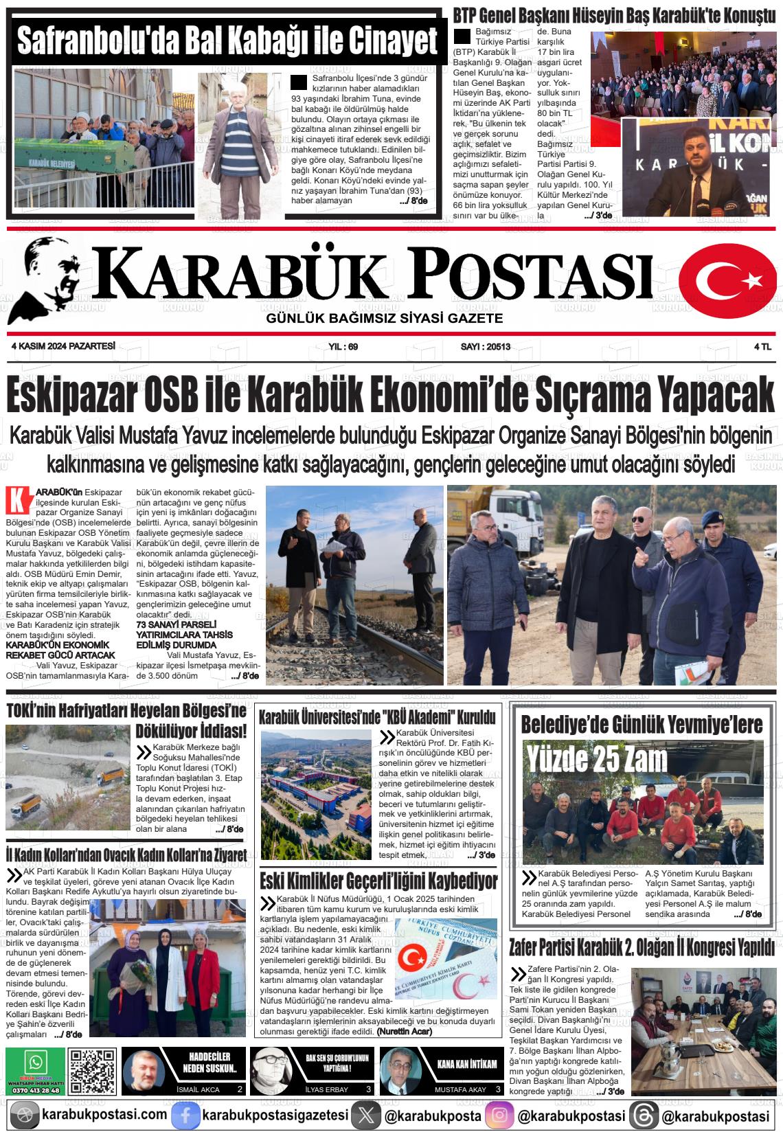 04 Kasım 2024 Karabük Postası Gazete Manşeti