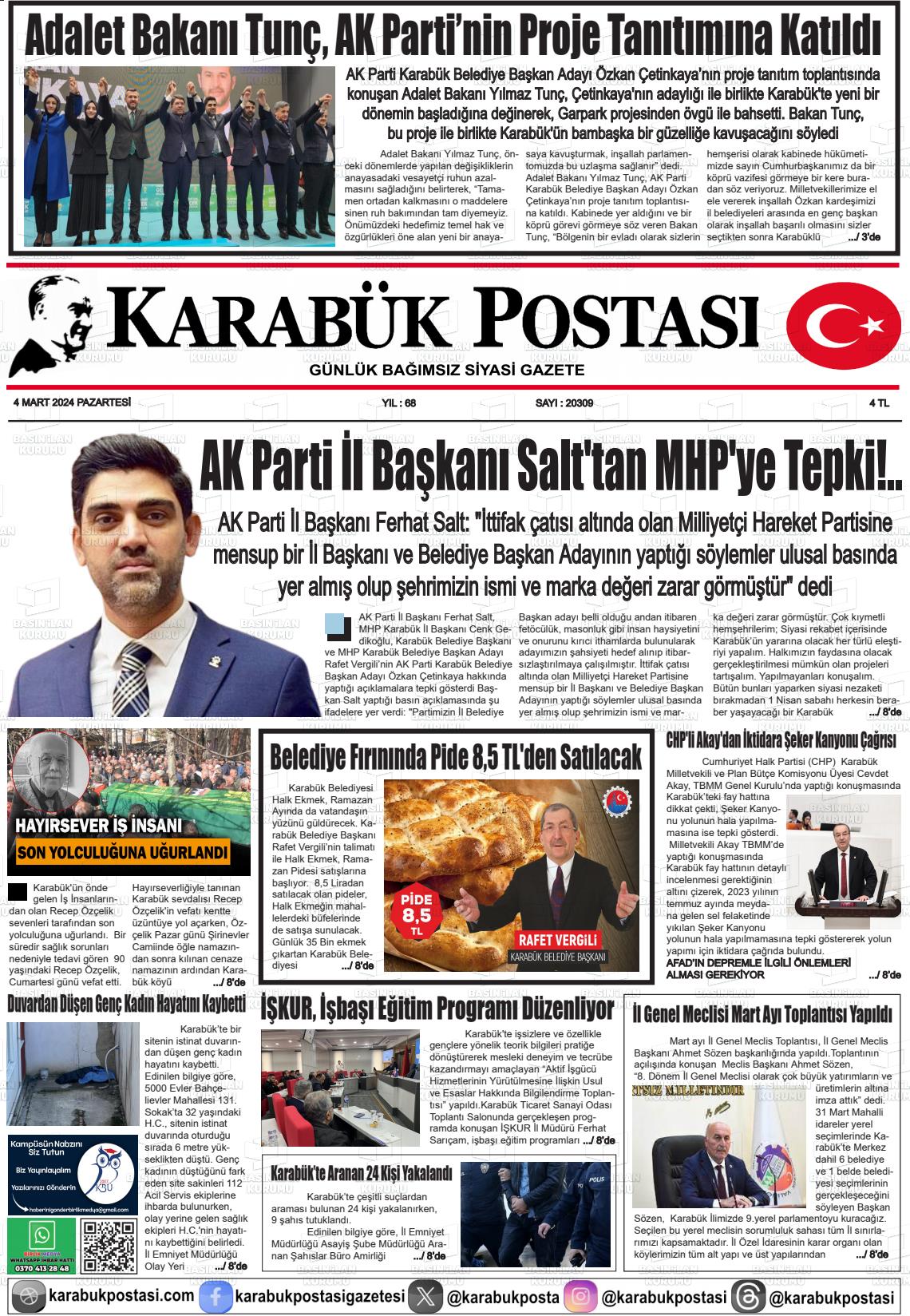 04 Mart 2024 Karabük Postası Gazete Manşeti