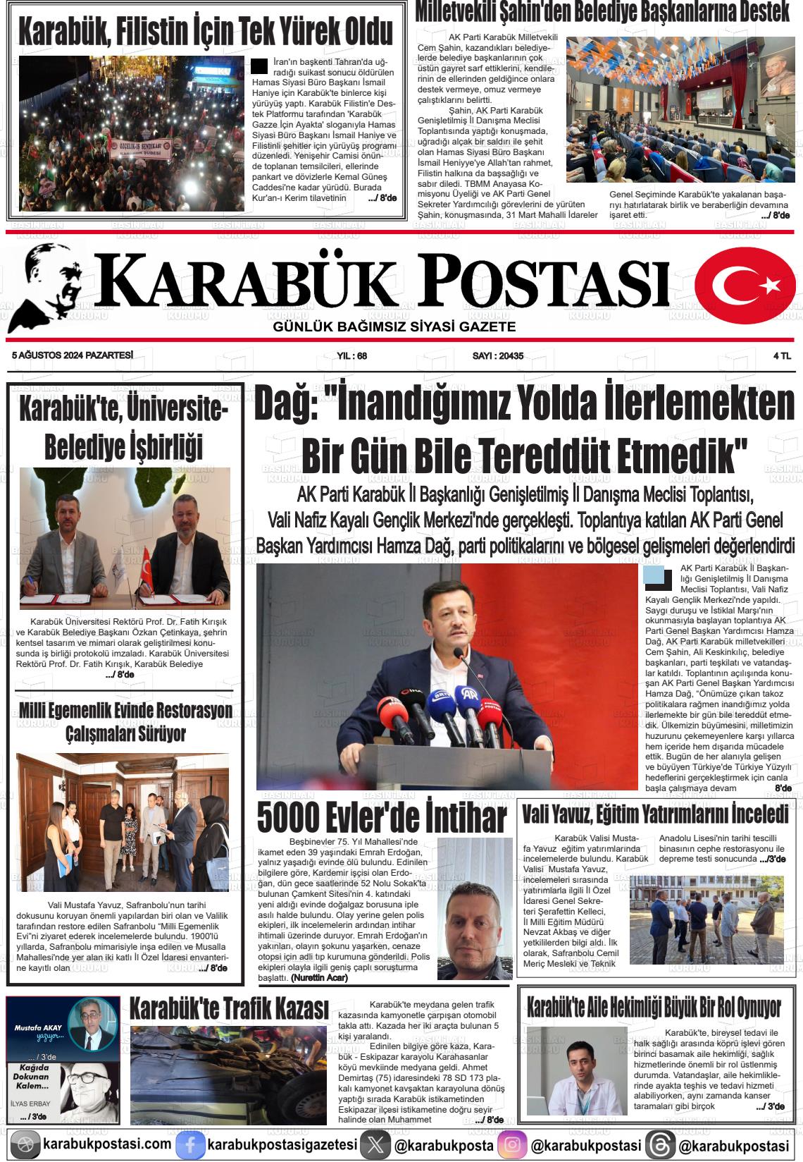 05 Ağustos 2024 Karabük Postası Gazete Manşeti