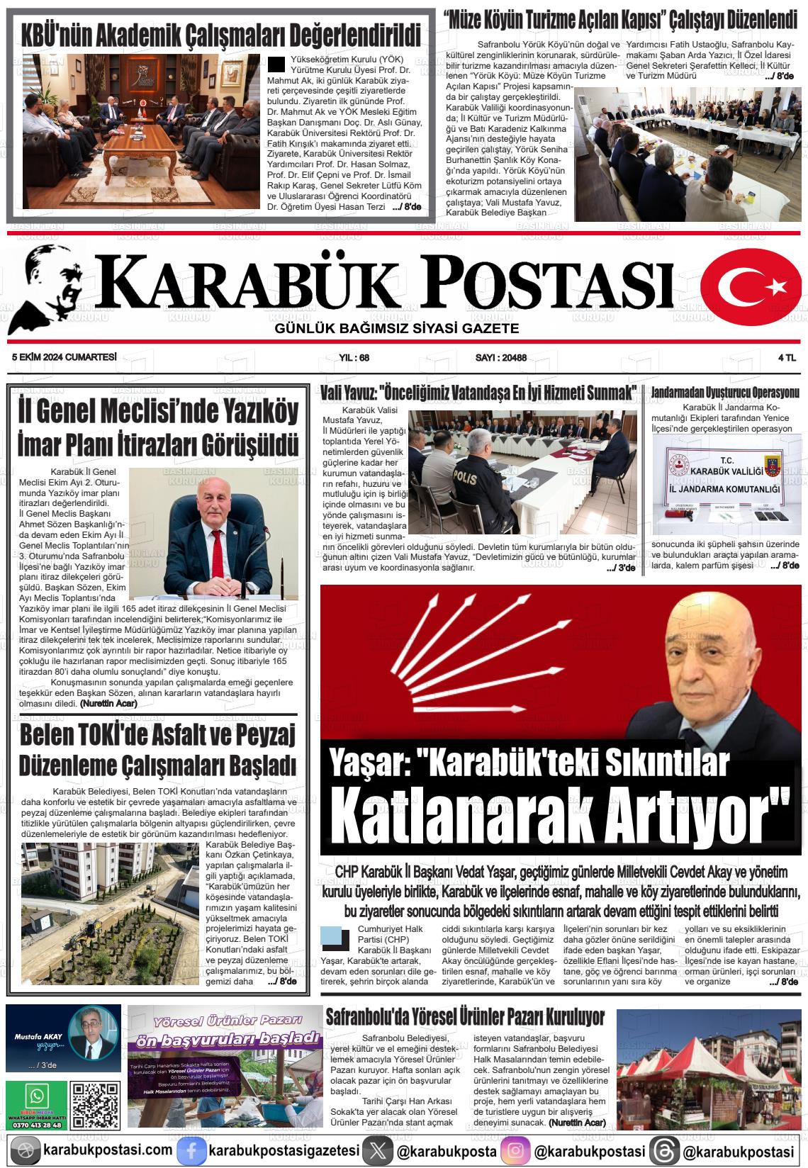 05 Ekim 2024 Karabük Postası Gazete Manşeti