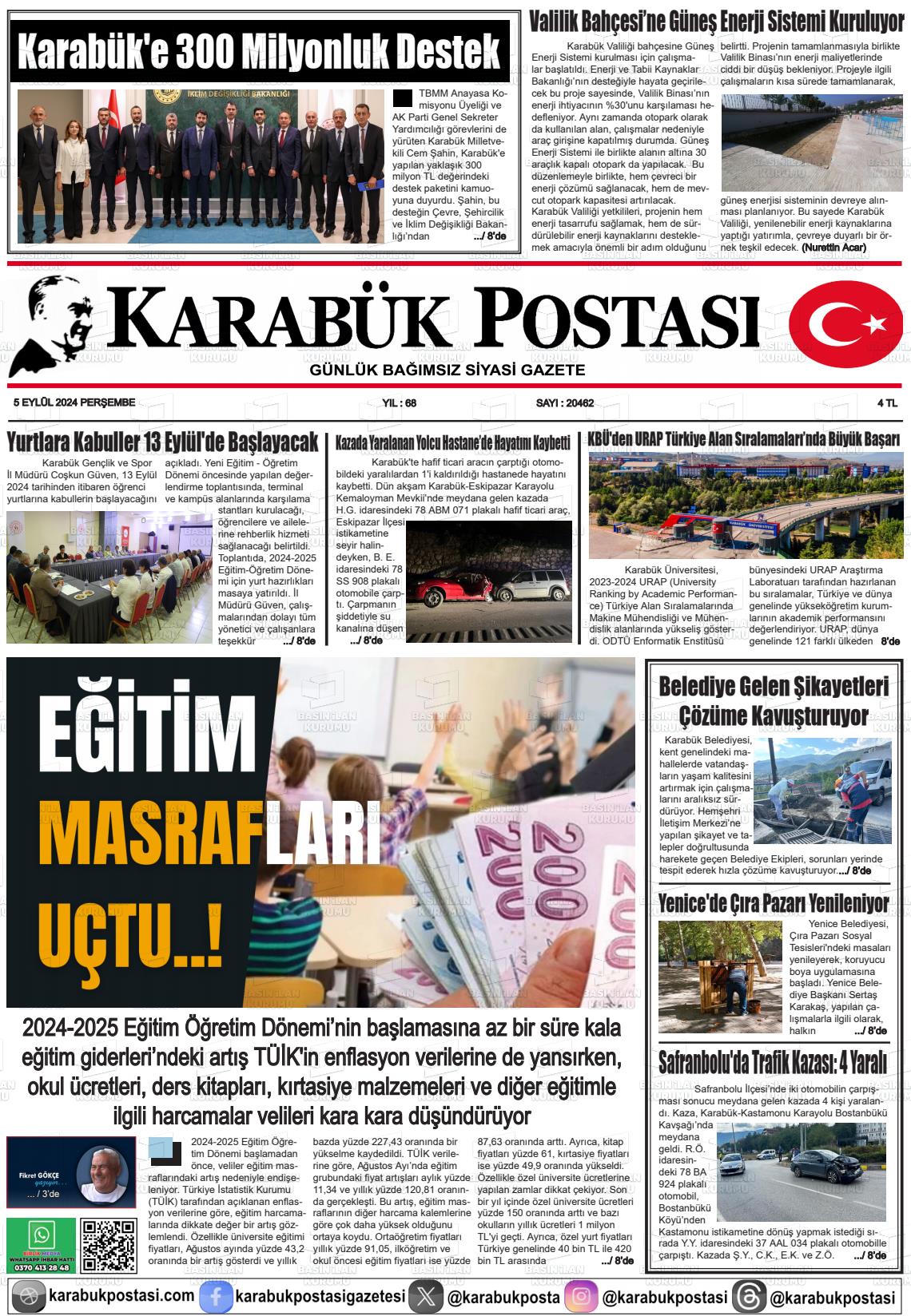 05 Eylül 2024 Karabük Postası Gazete Manşeti