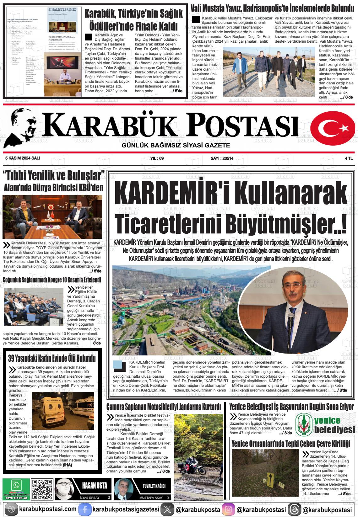 05 Kasım 2024 Karabük Postası Gazete Manşeti