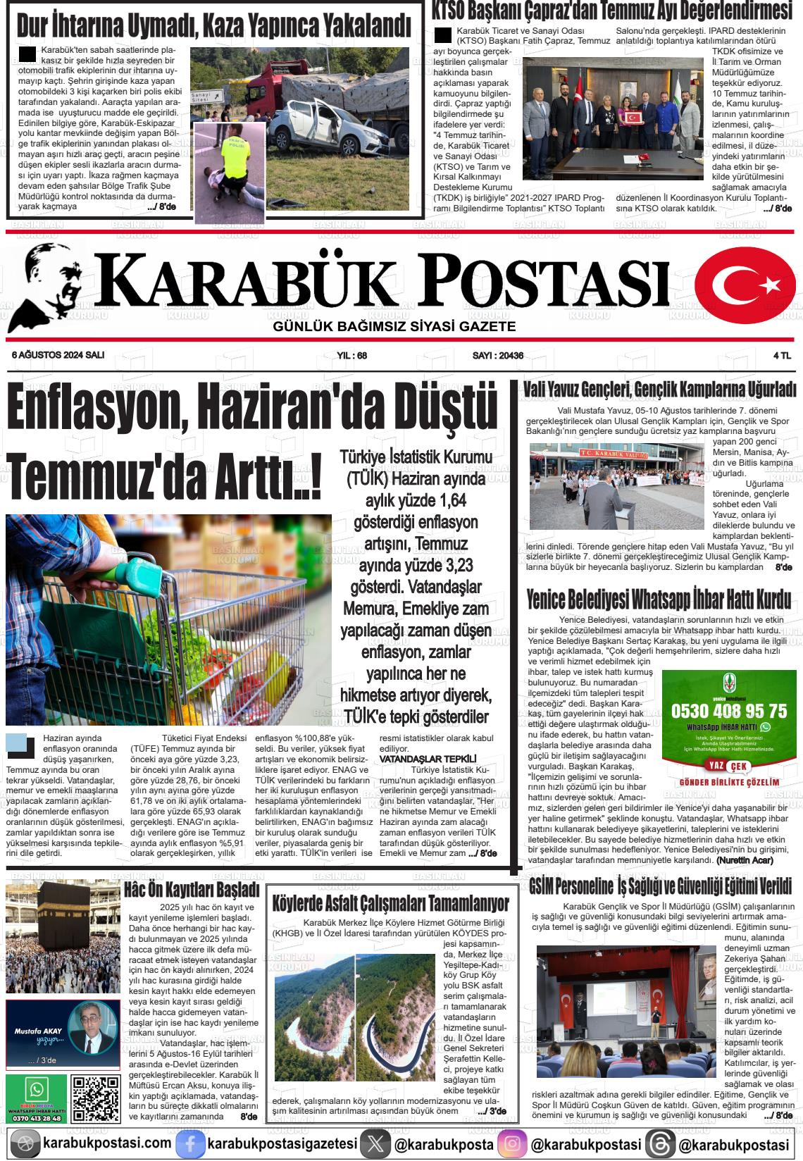 06 Ağustos 2024 Karabük Postası Gazete Manşeti