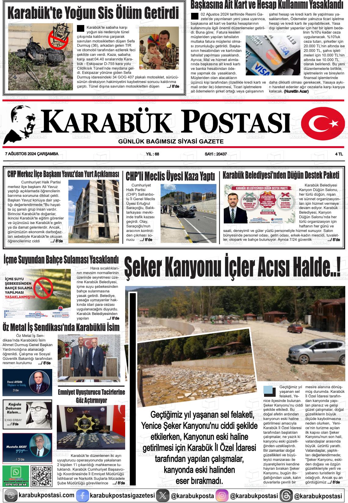 07 Ağustos 2024 Karabük Postası Gazete Manşeti