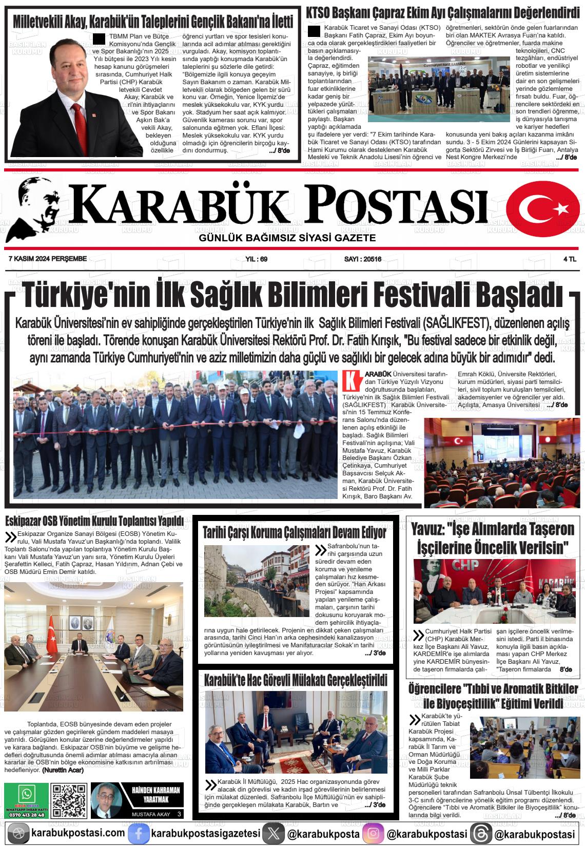 07 Kasım 2024 Karabük Postası Gazete Manşeti