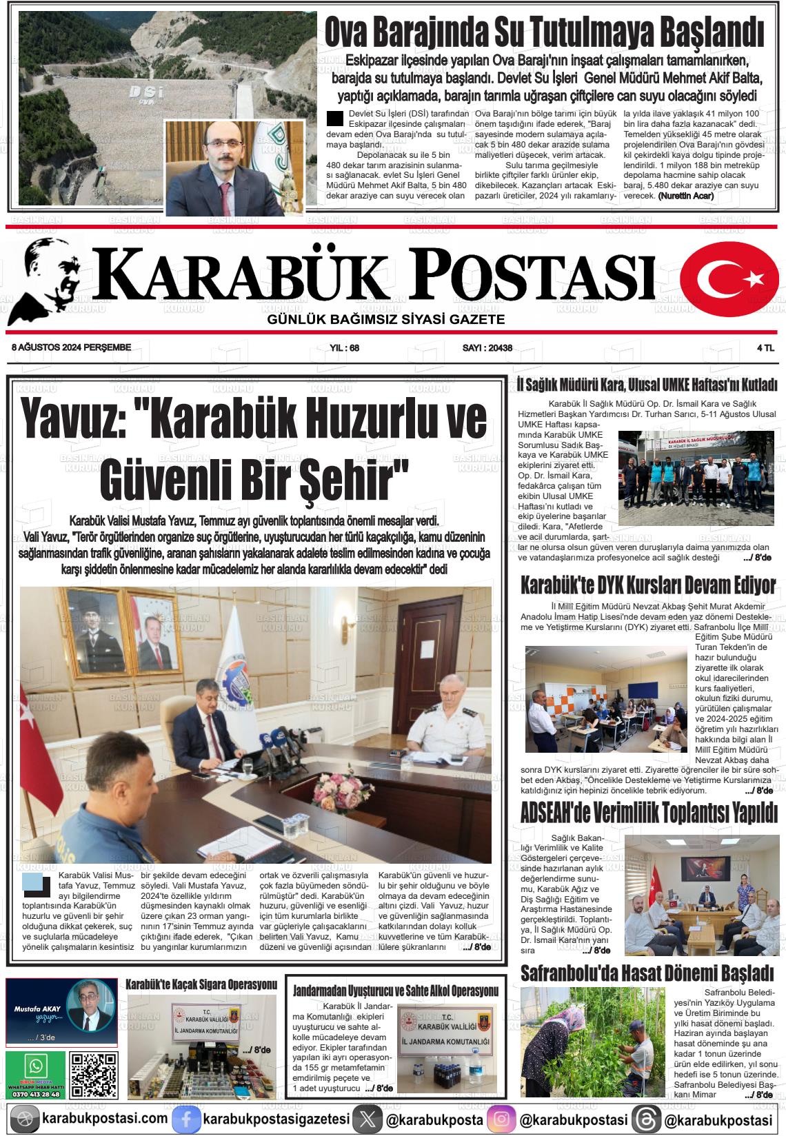 08 Ağustos 2024 Karabük Postası Gazete Manşeti