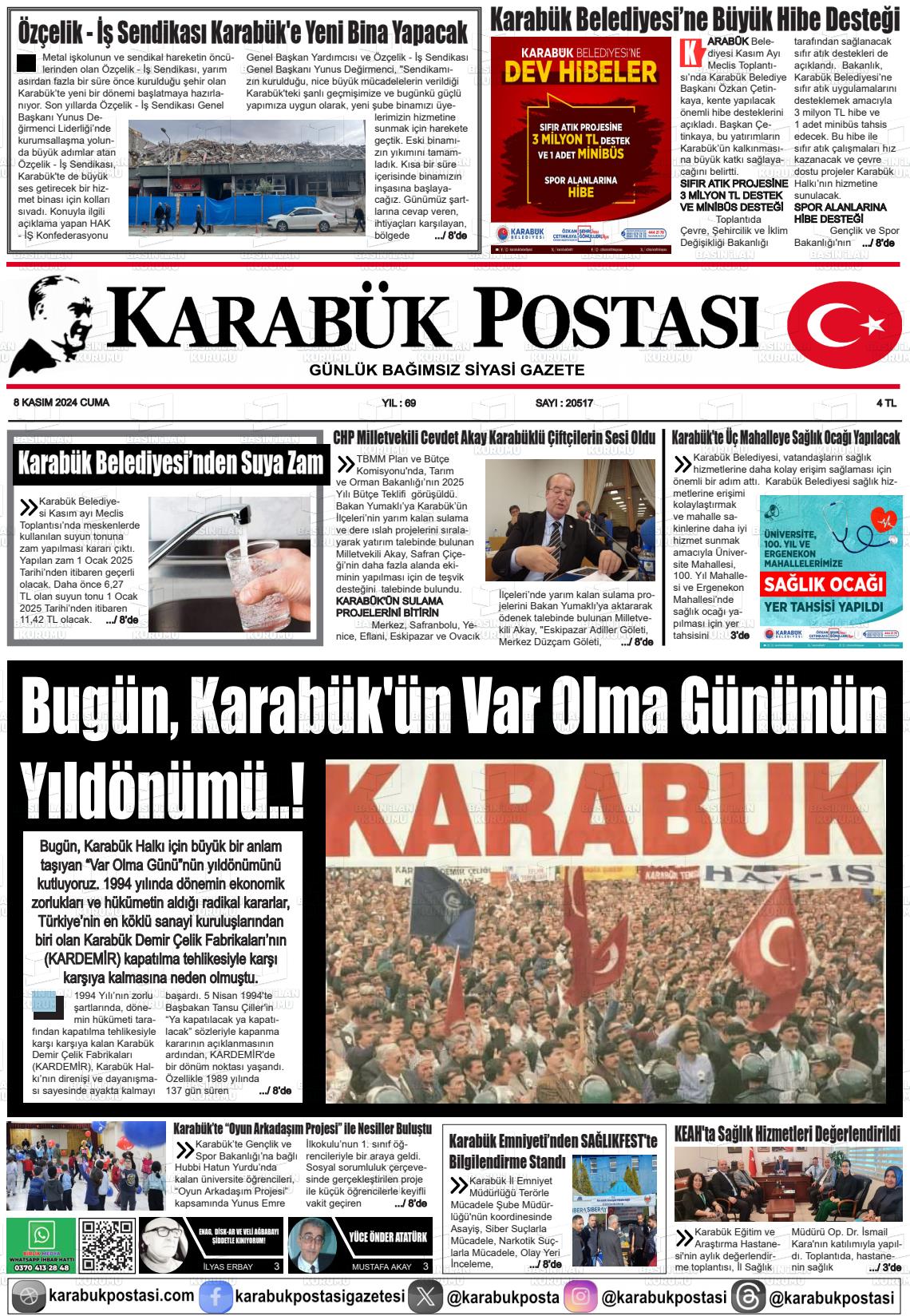 08 Kasım 2024 Karabük Postası Gazete Manşeti