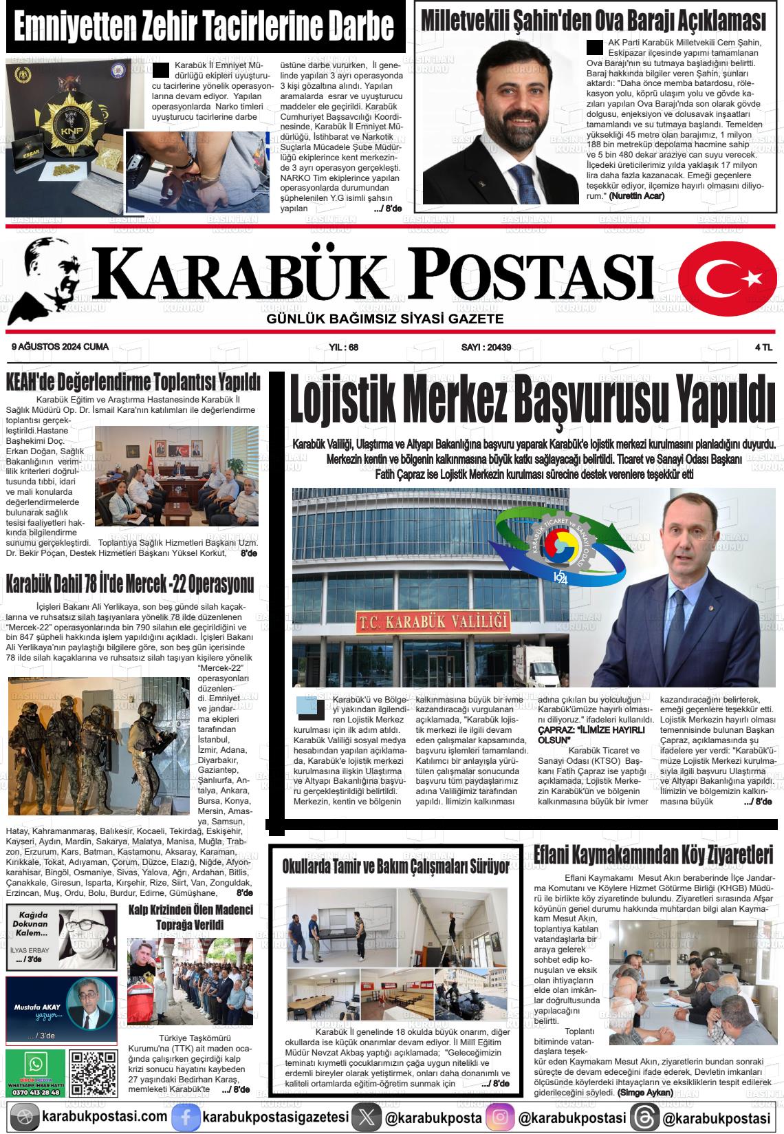 09 Ağustos 2024 Karabük Postası Gazete Manşeti