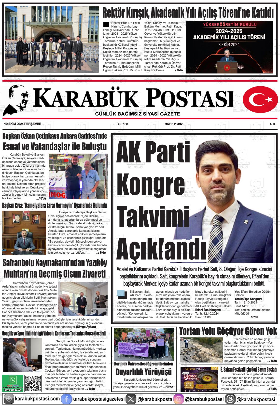 10 Ekim 2024 Karabük Postası Gazete Manşeti