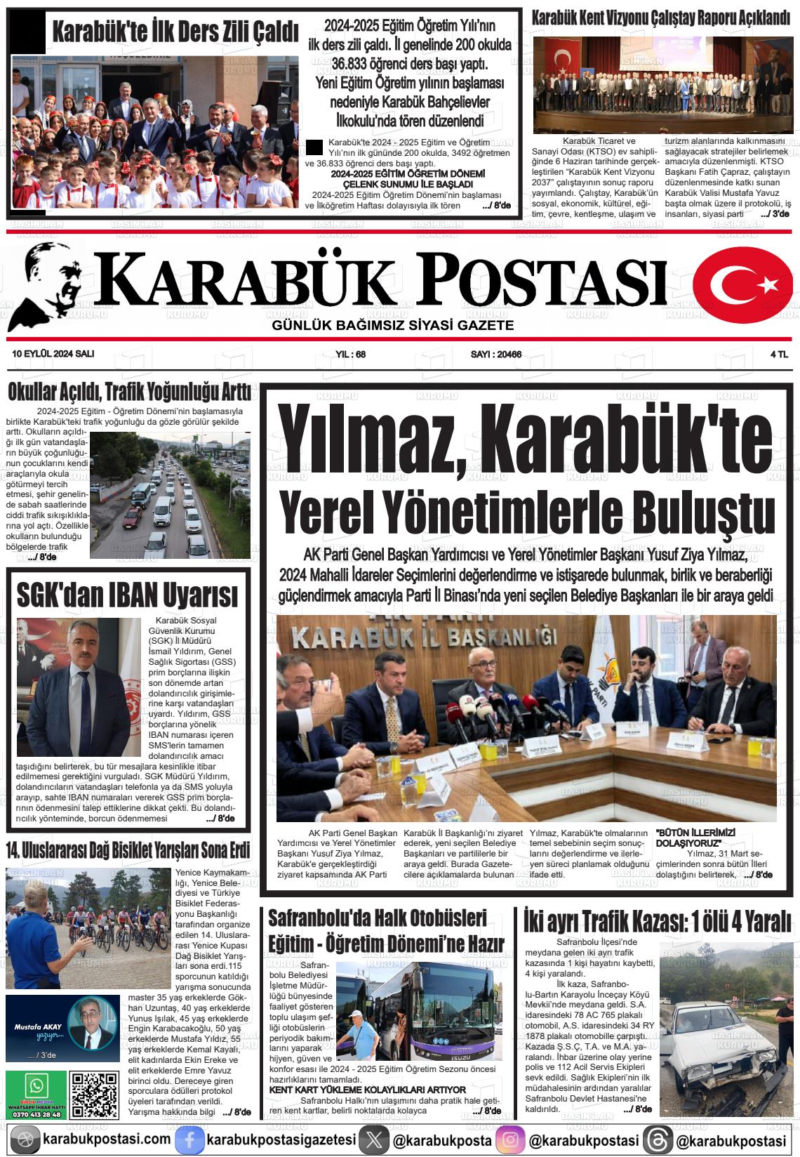 10 Eylül 2024 Karabük Postası Gazete Manşeti