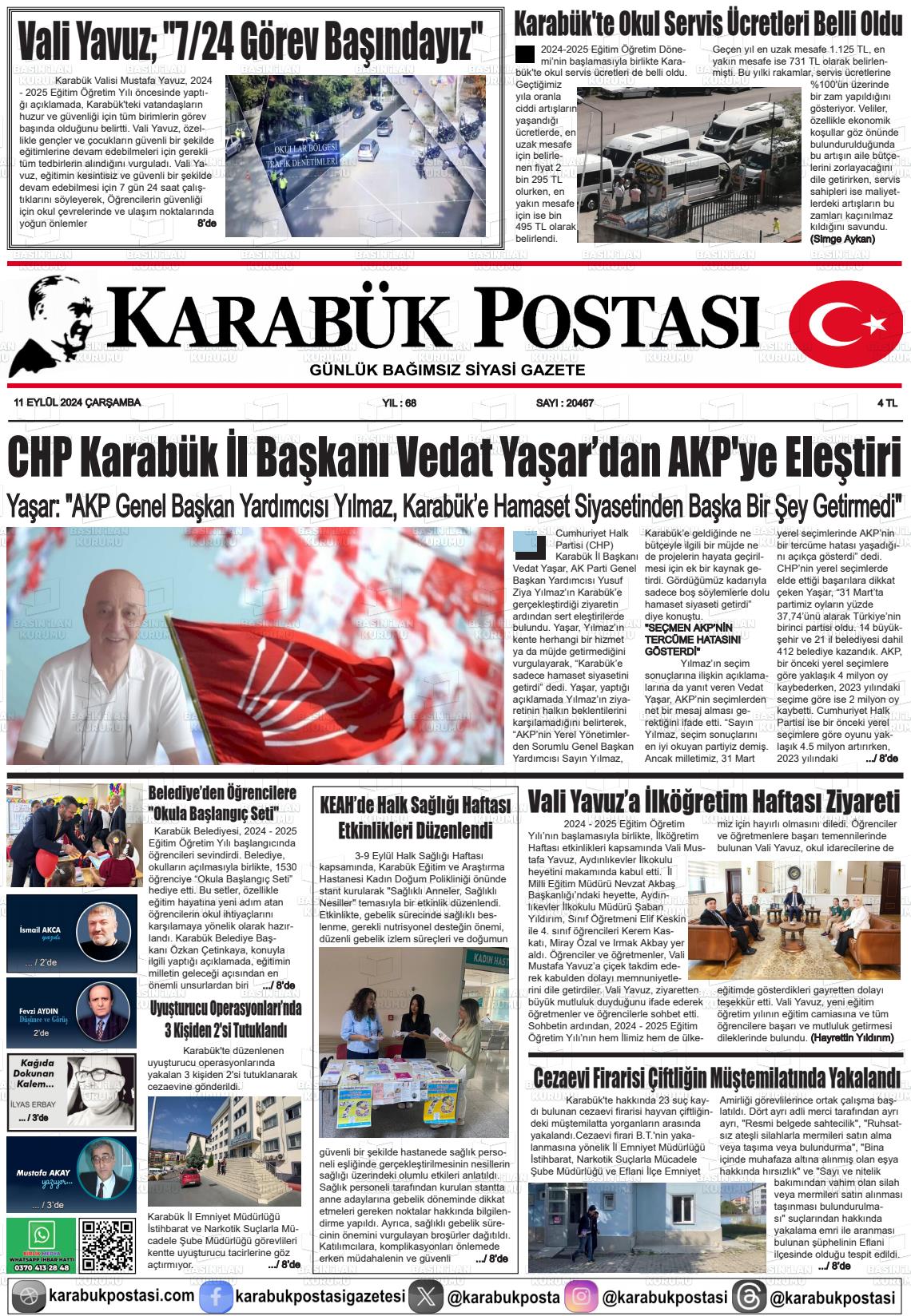 11 Eylül 2024 Karabük Postası Gazete Manşeti