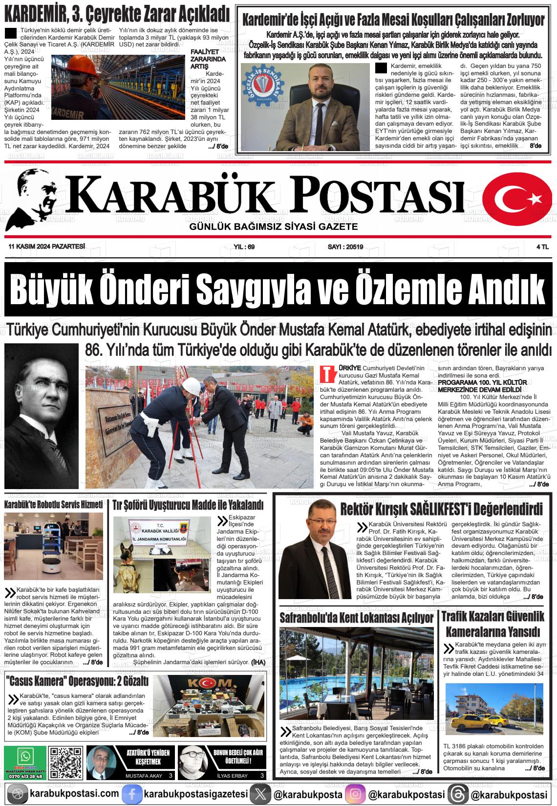 11 Kasım 2024 Karabük Postası Gazete Manşeti