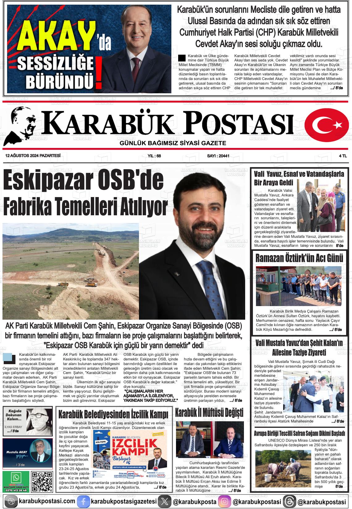 12 Ağustos 2024 Karabük Postası Gazete Manşeti