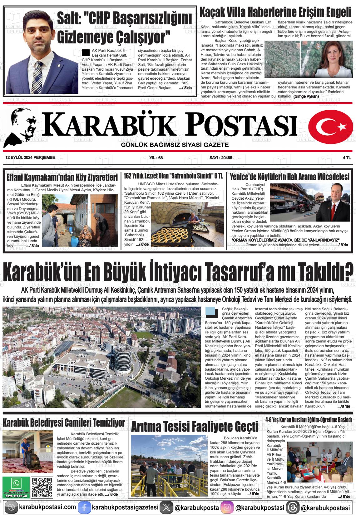 12 Eylül 2024 Karabük Postası Gazete Manşeti