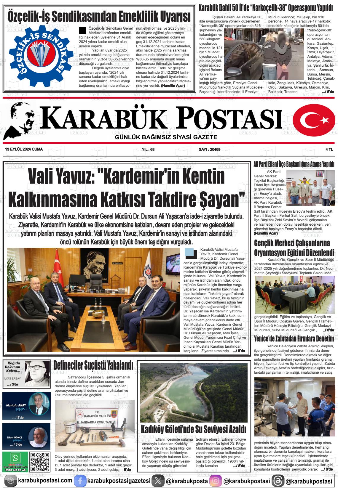 13 Eylül 2024 Karabük Postası Gazete Manşeti