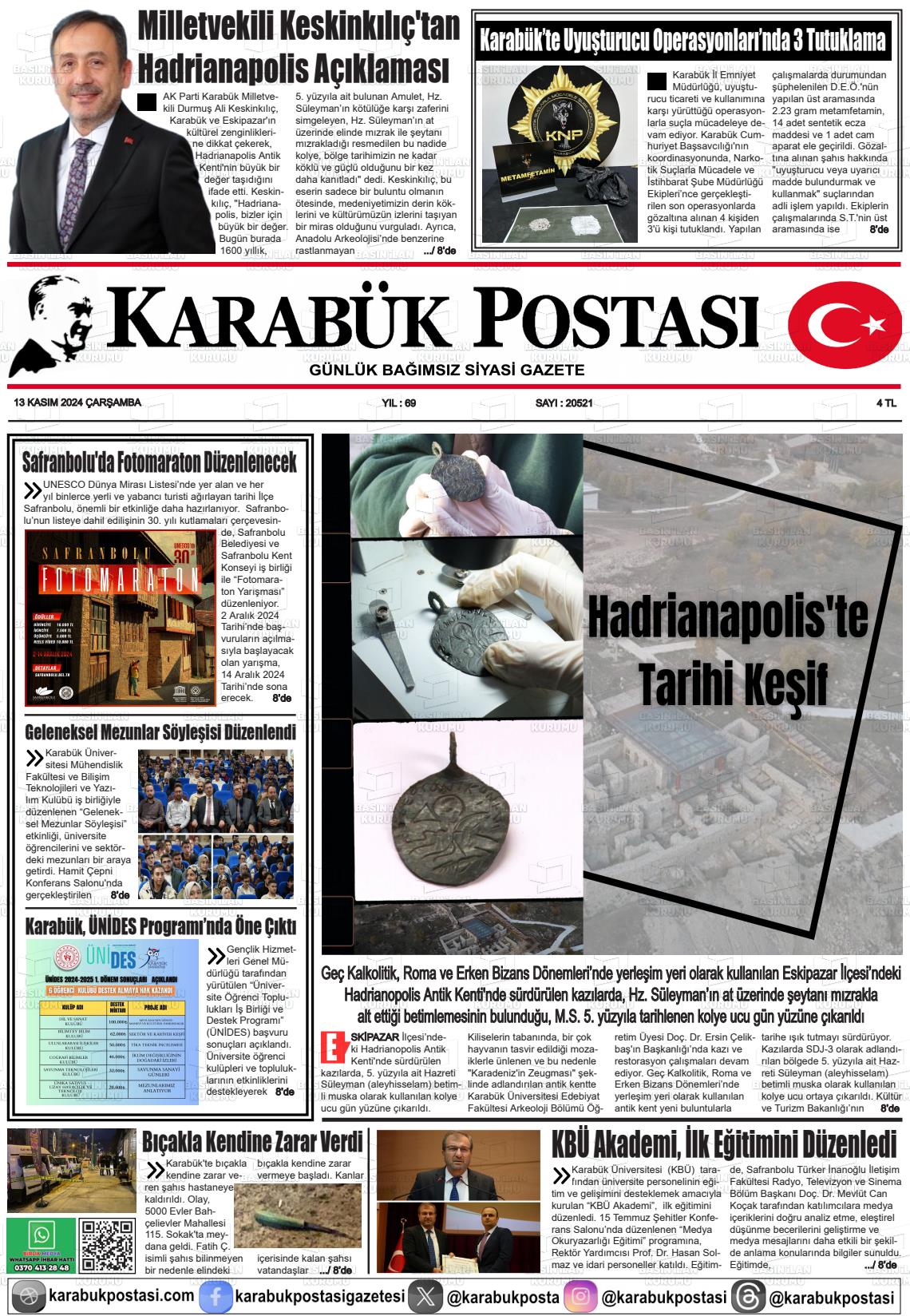 13 Kasım 2024 Karabük Postası Gazete Manşeti