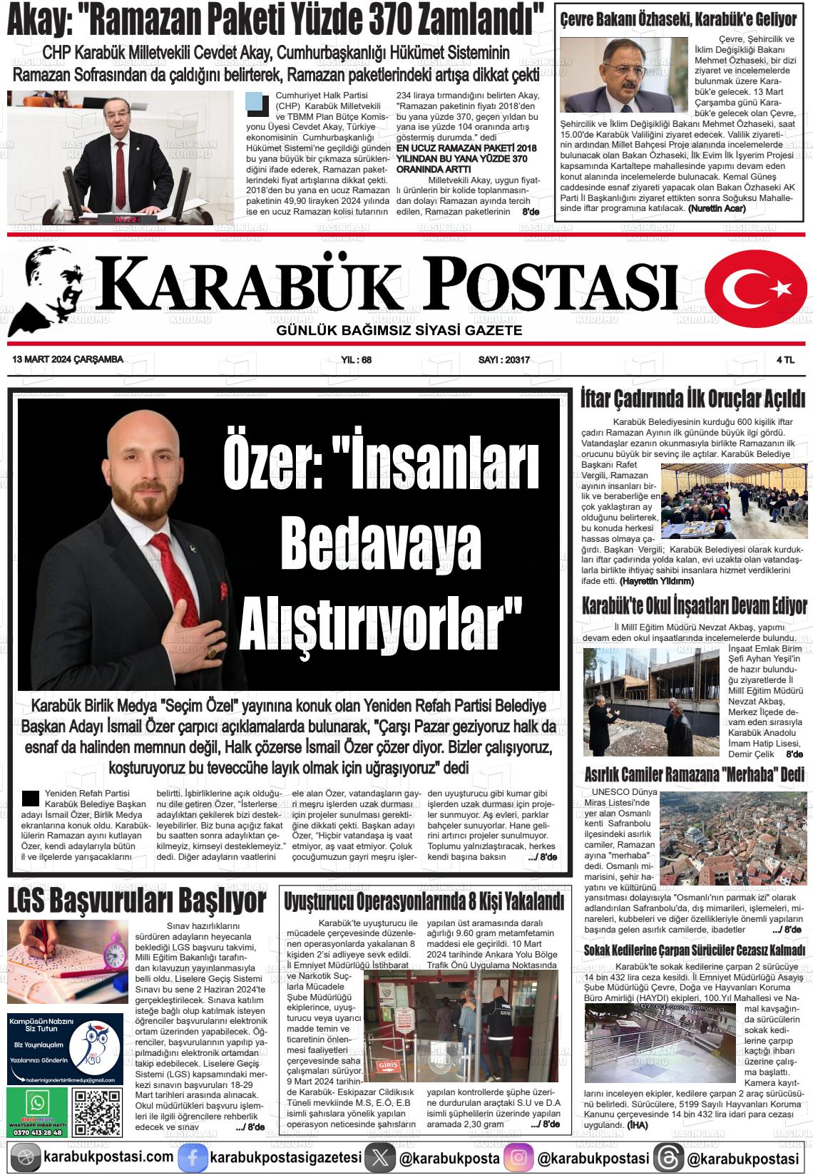 13 Mart 2024 Karabük Postası Gazete Manşeti