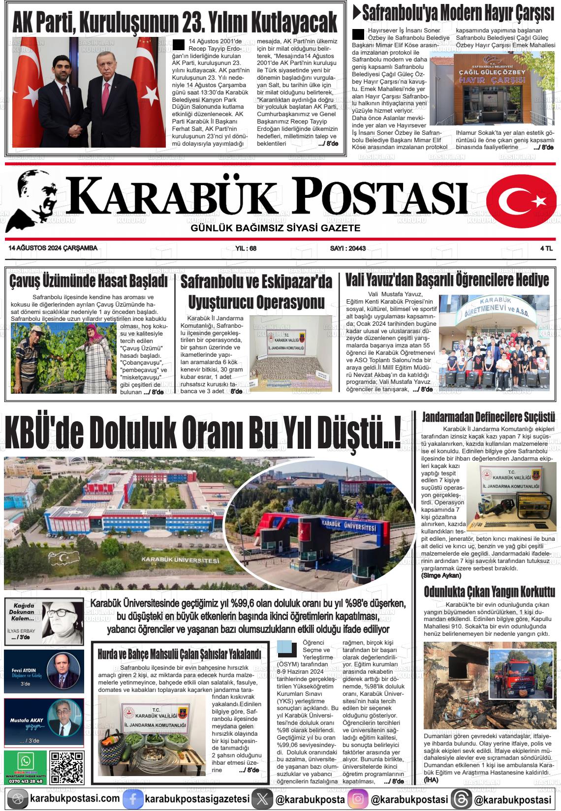 14 Ağustos 2024 Karabük Postası Gazete Manşeti