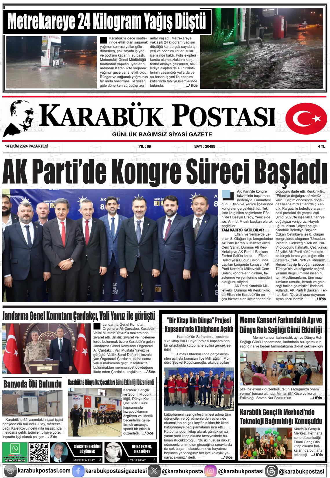 14 Ekim 2024 Karabük Postası Gazete Manşeti