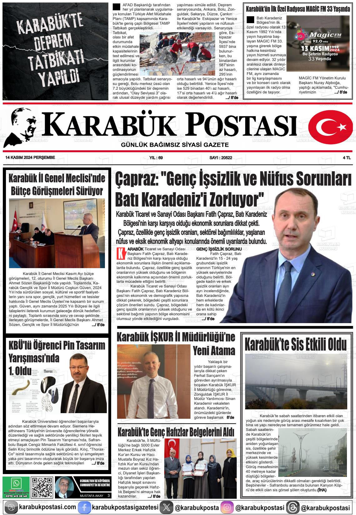 14 Kasım 2024 Karabük Postası Gazete Manşeti