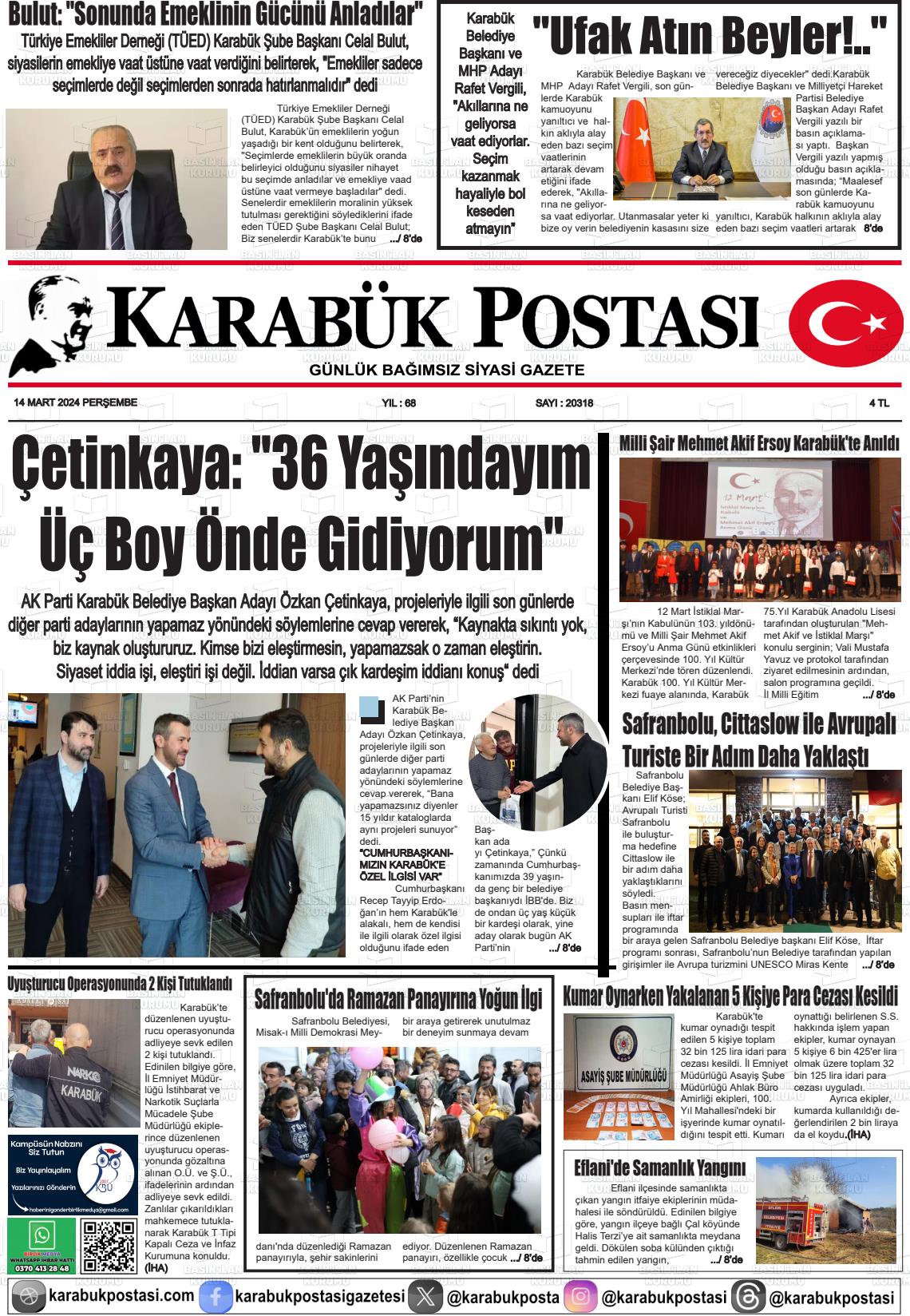 14 Mart 2024 Karabük Postası Gazete Manşeti