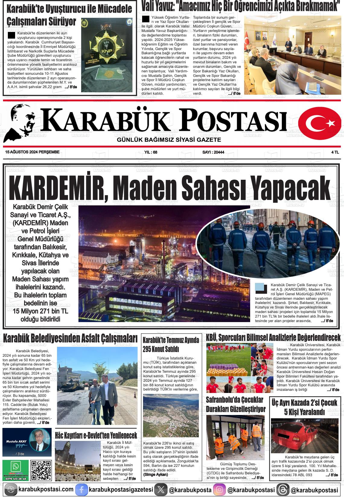 15 Ağustos 2024 Karabük Postası Gazete Manşeti