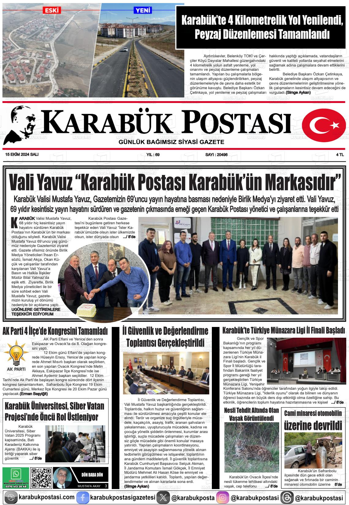 15 Ekim 2024 Karabük Postası Gazete Manşeti