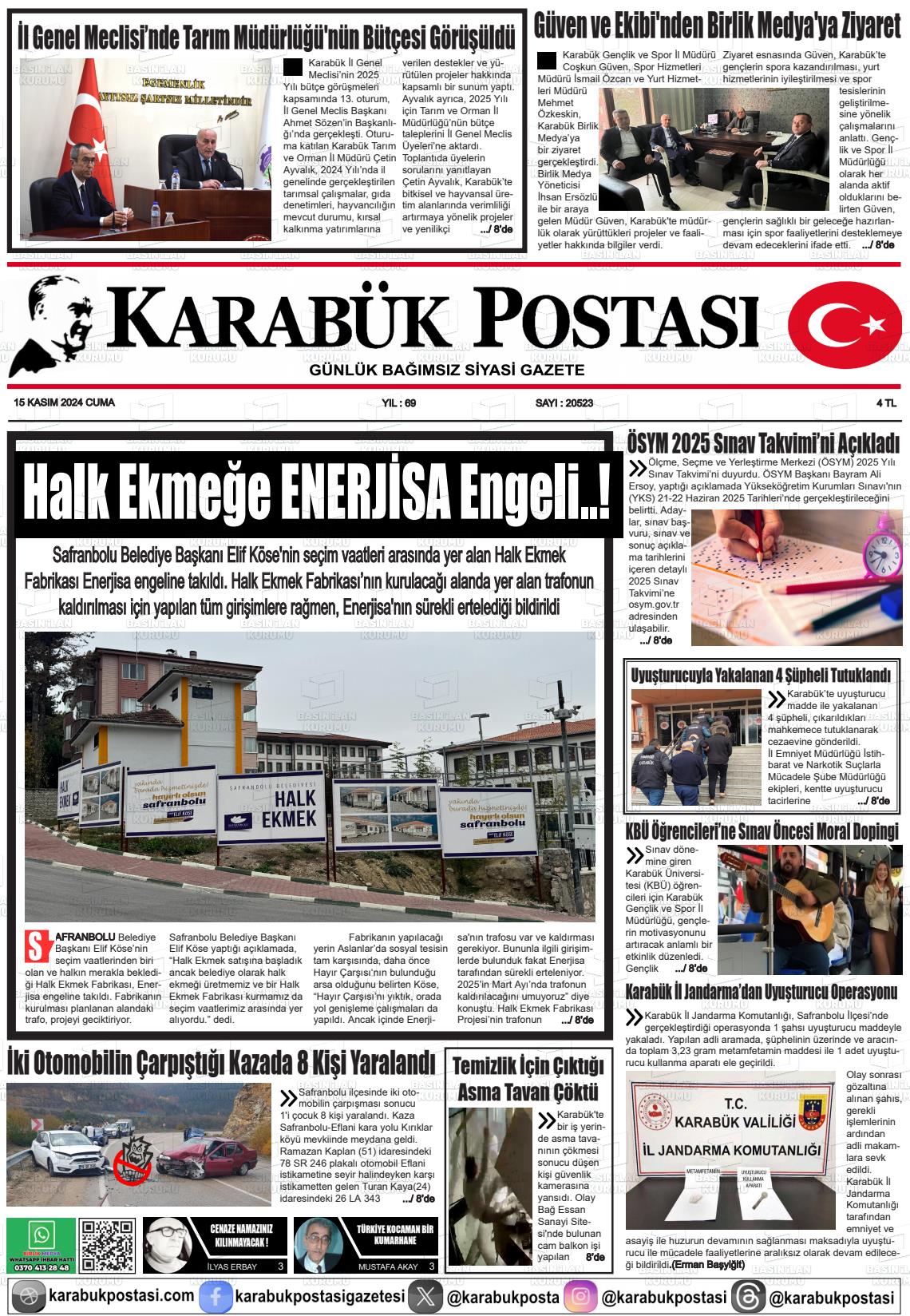 15 Kasım 2024 Karabük Postası Gazete Manşeti