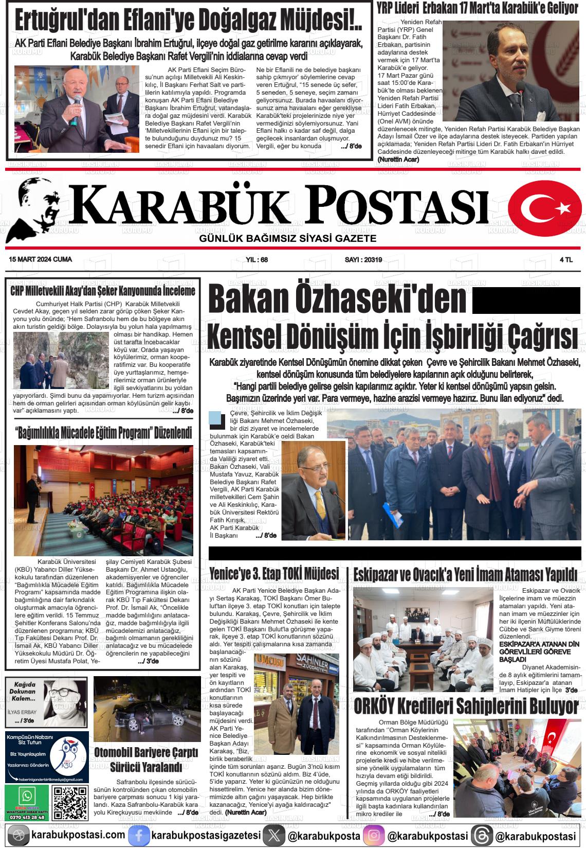 15 Mart 2024 Karabük Postası Gazete Manşeti