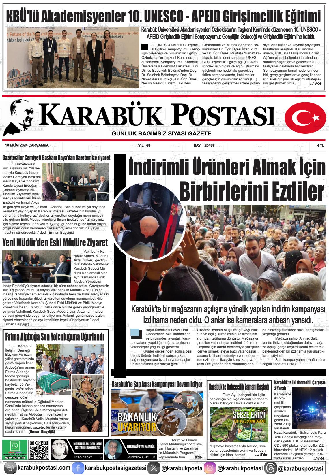 16 Ekim 2024 Karabük Postası Gazete Manşeti