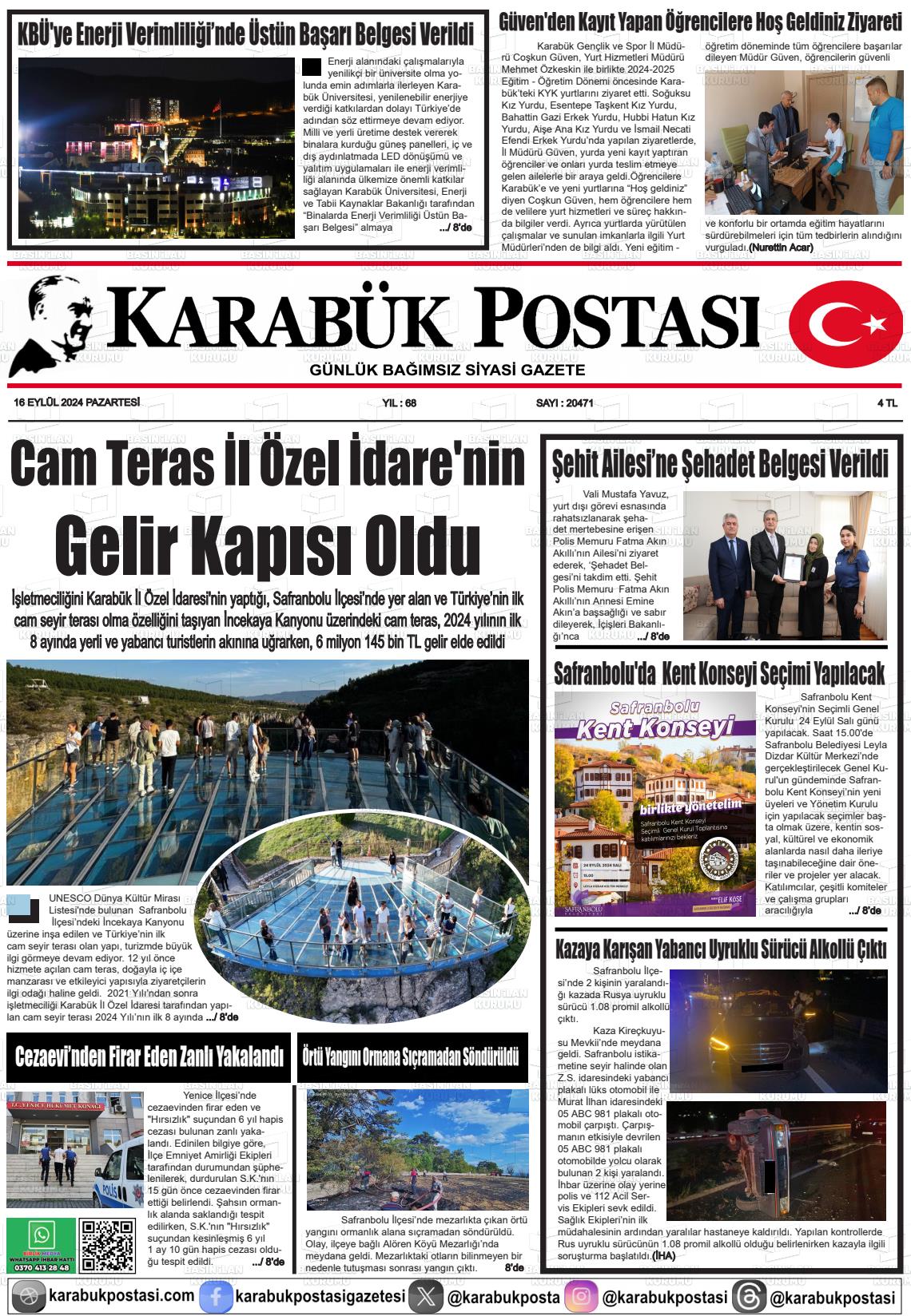 16 Eylül 2024 Karabük Postası Gazete Manşeti