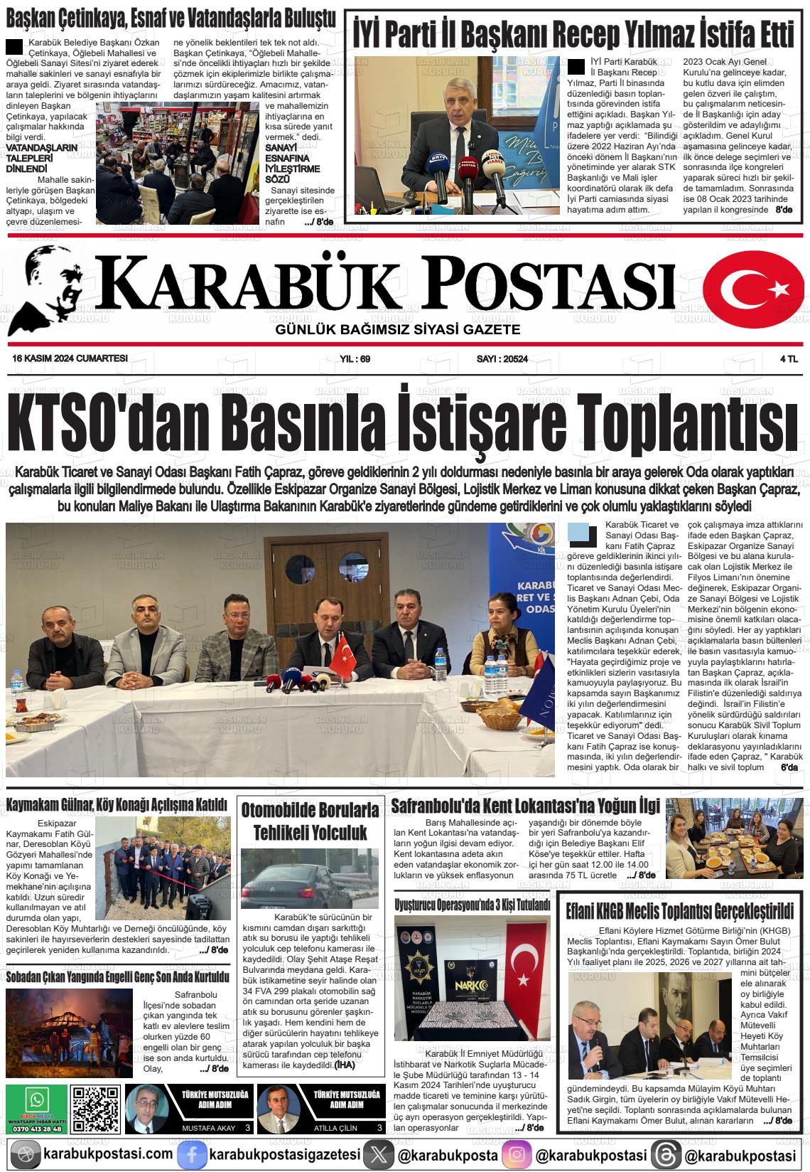 16 Kasım 2024 Karabük Postası Gazete Manşeti