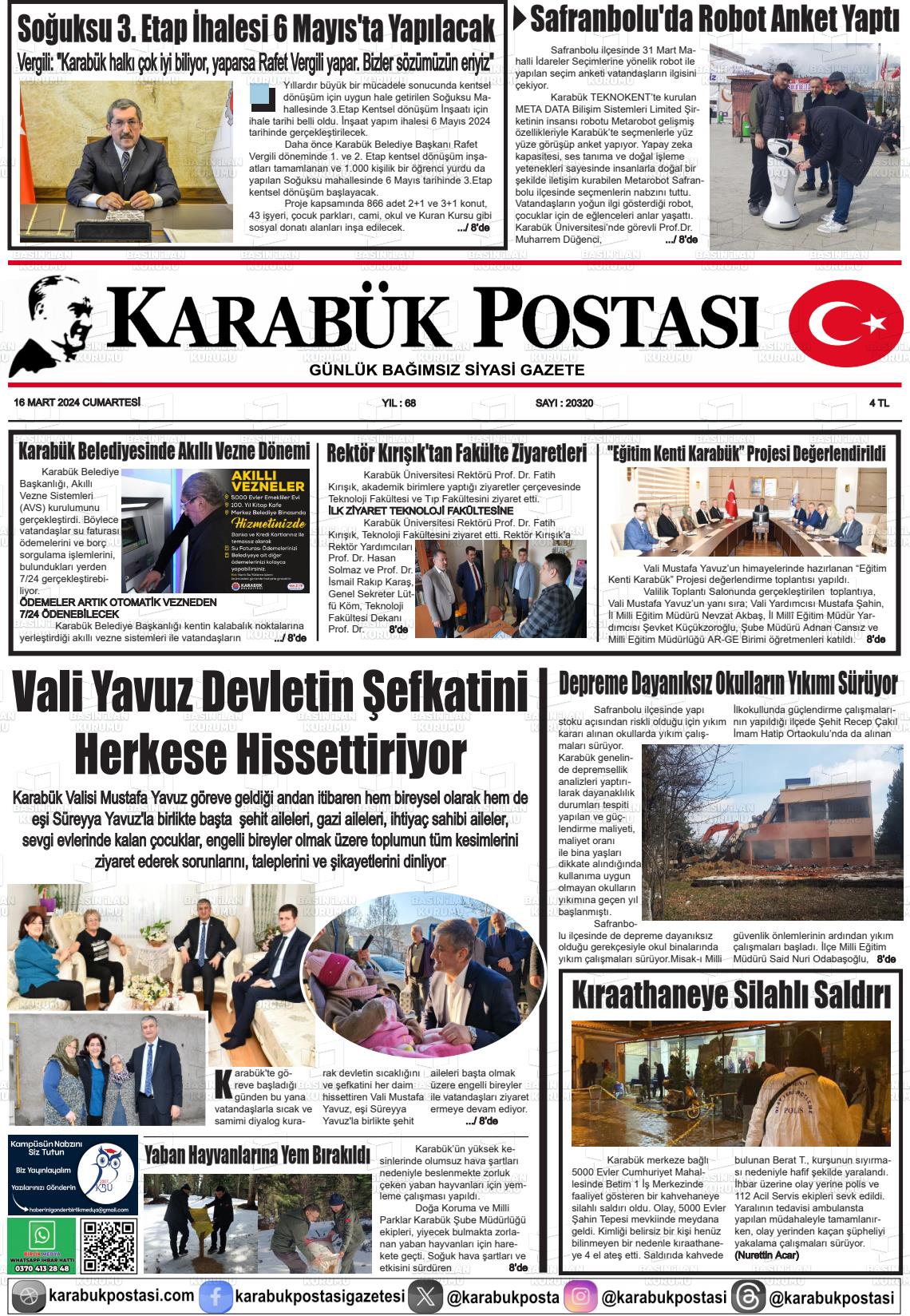 16 Mart 2024 Karabük Postası Gazete Manşeti