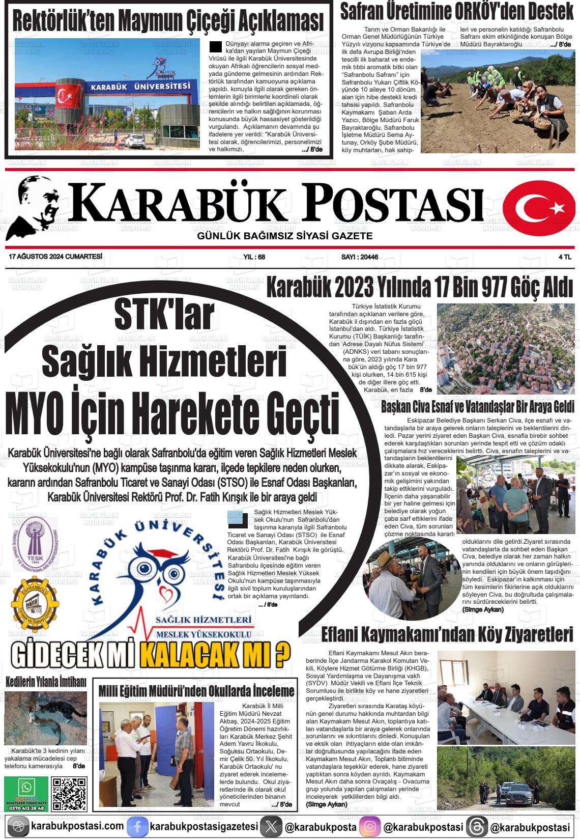 17 Ağustos 2024 Karabük Postası Gazete Manşeti