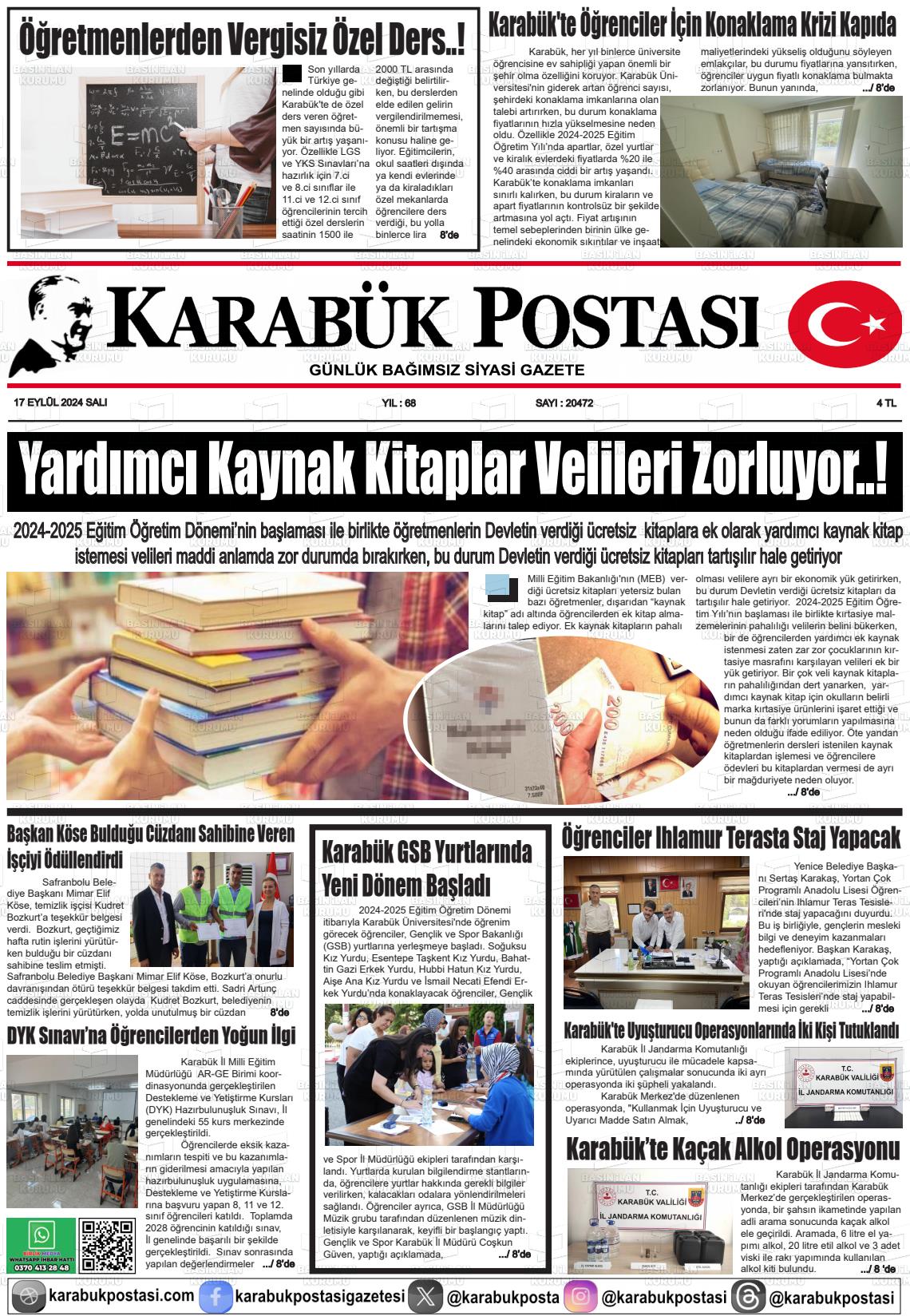 17 Eylül 2024 Karabük Postası Gazete Manşeti