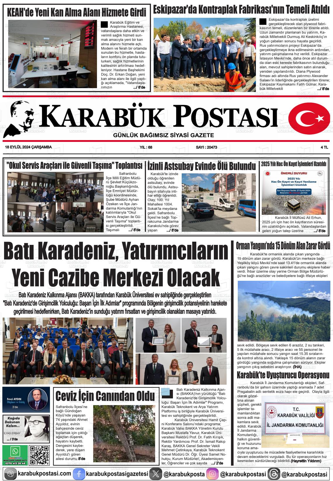 18 Eylül 2024 Karabük Postası Gazete Manşeti