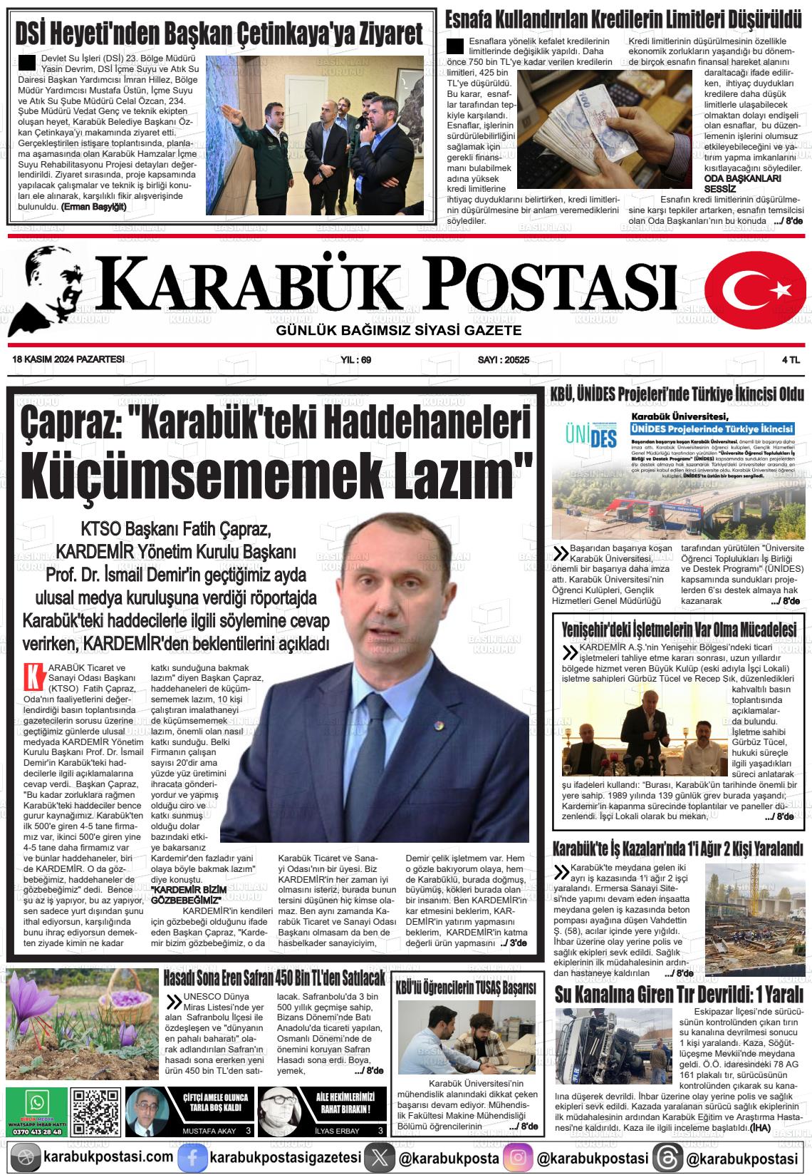 18 Kasım 2024 Karabük Postası Gazete Manşeti