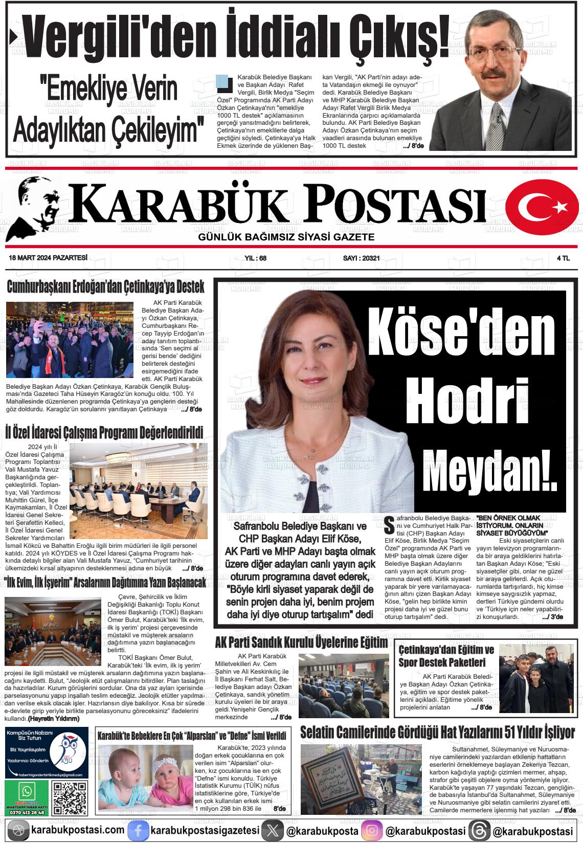 18 Mart 2024 Karabük Postası Gazete Manşeti