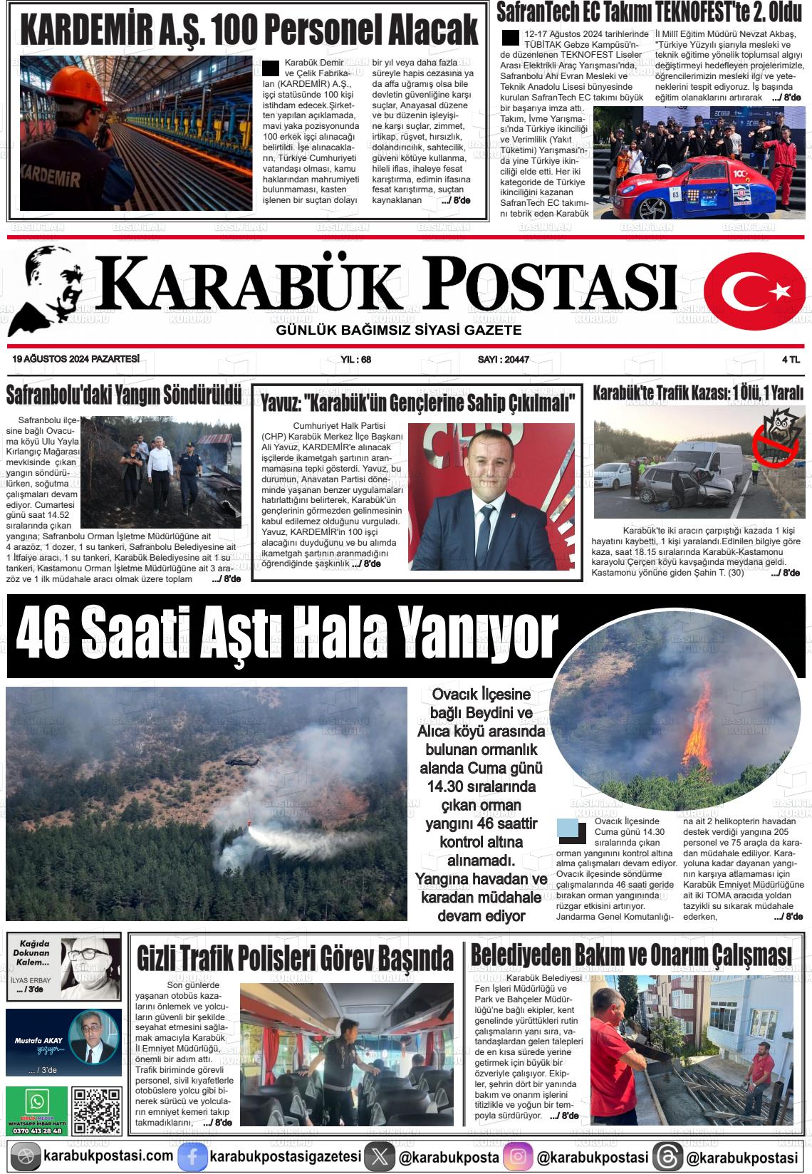 19 Ağustos 2024 Karabük Postası Gazete Manşeti