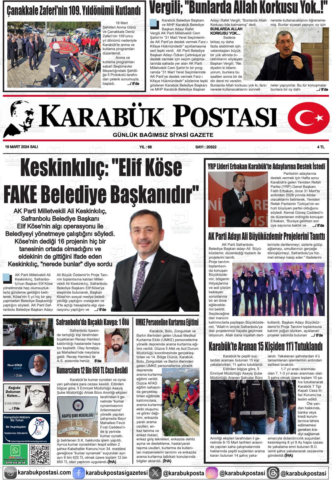 19 Mart 2024 Karabük Postası Gazete Manşeti