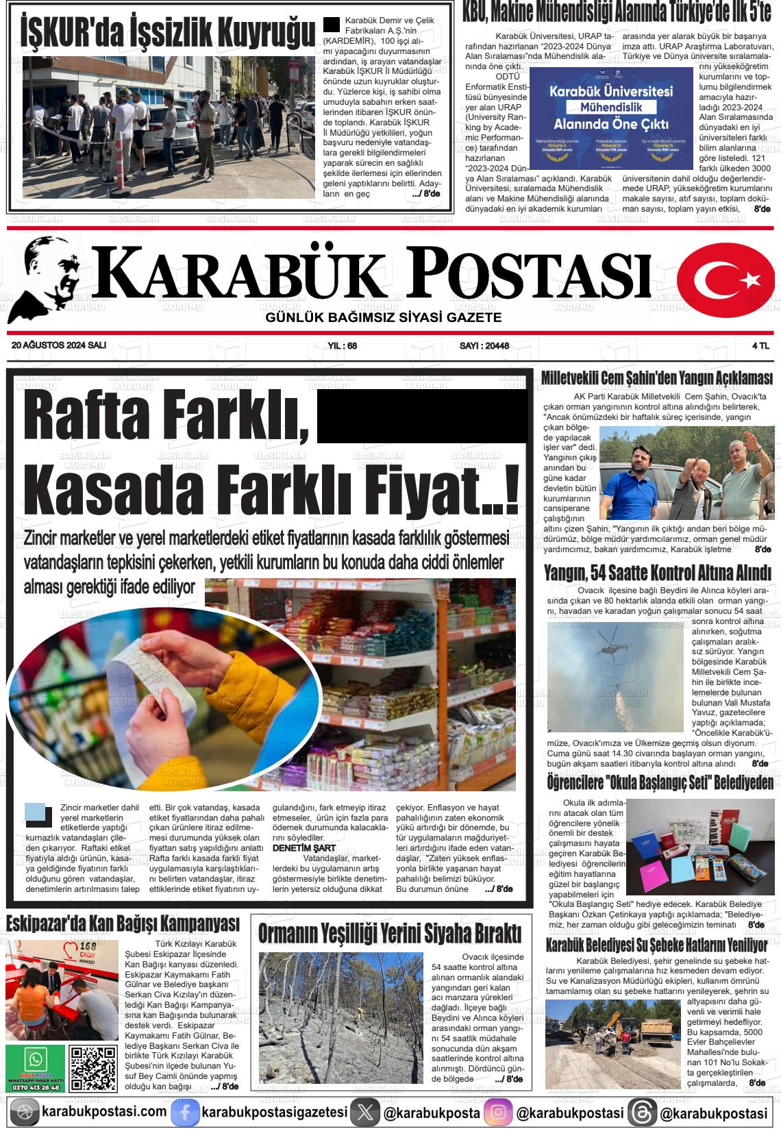 20 Ağustos 2024 Karabük Postası Gazete Manşeti