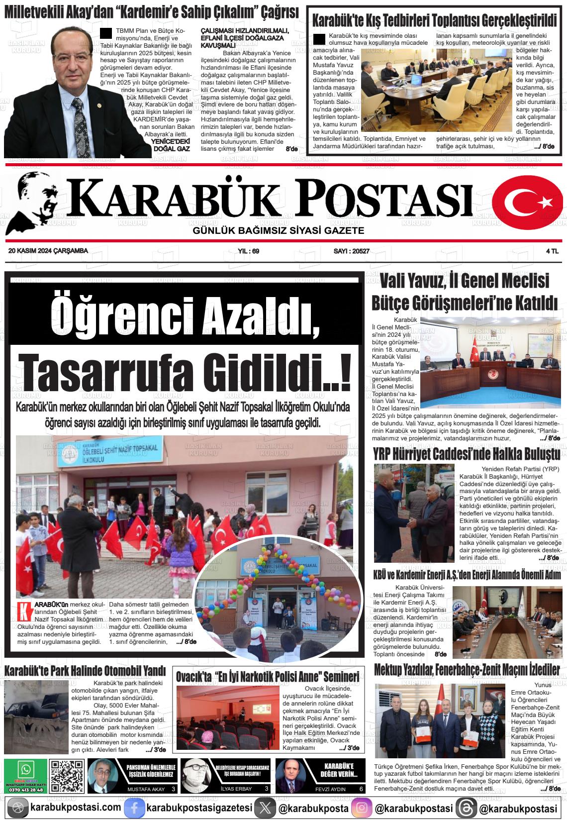 20 Kasım 2024 Karabük Postası Gazete Manşeti