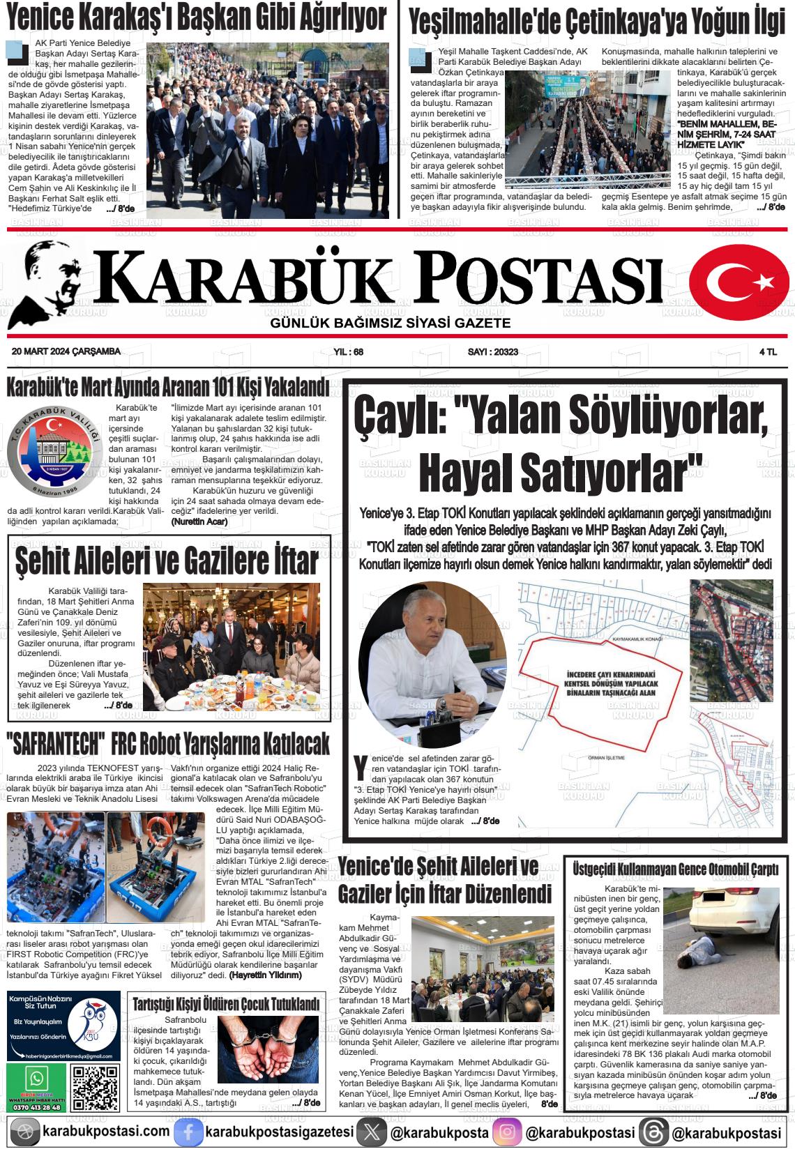 20 Mart 2024 Karabük Postası Gazete Manşeti