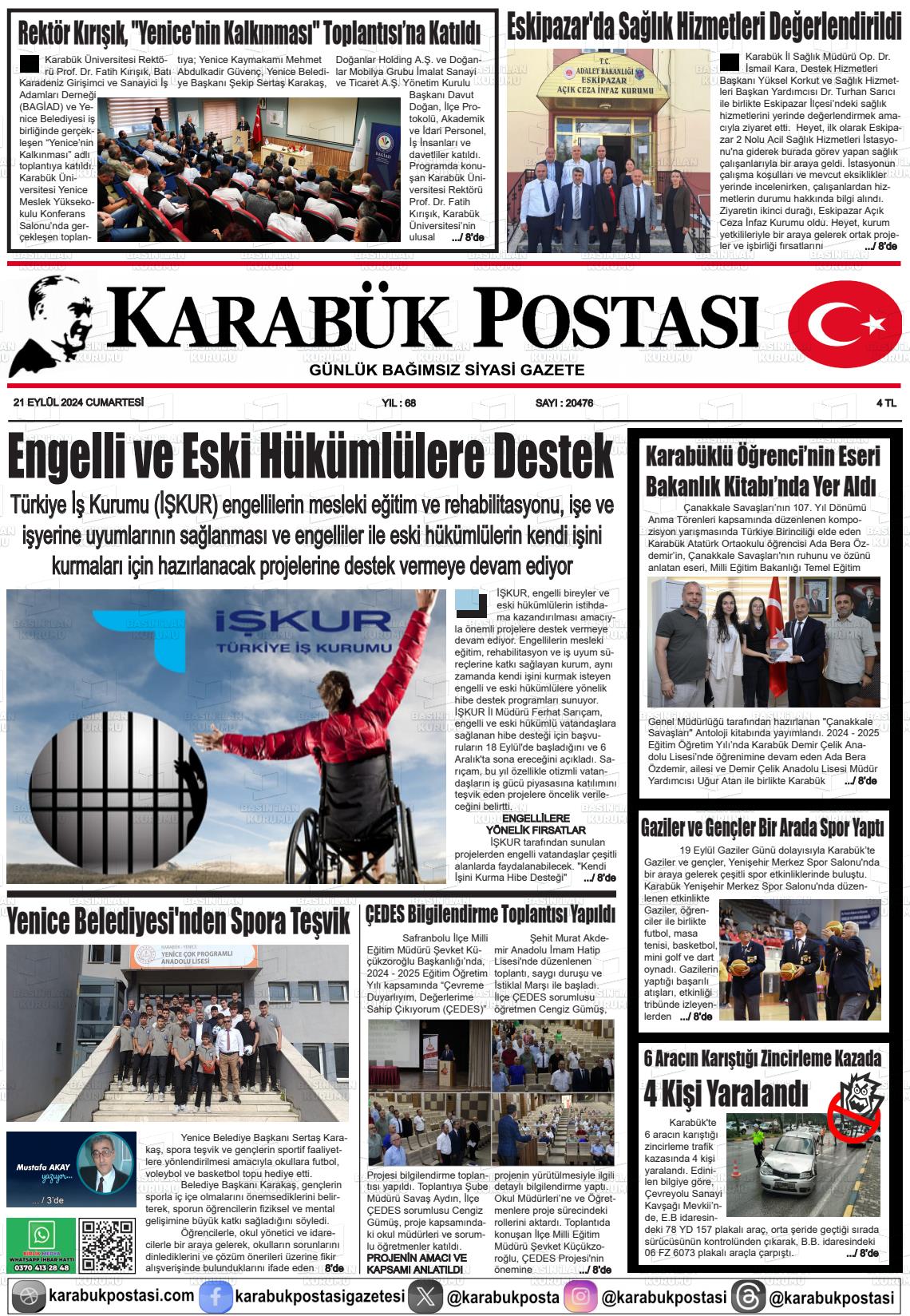 21 Eylül 2024 Karabük Postası Gazete Manşeti