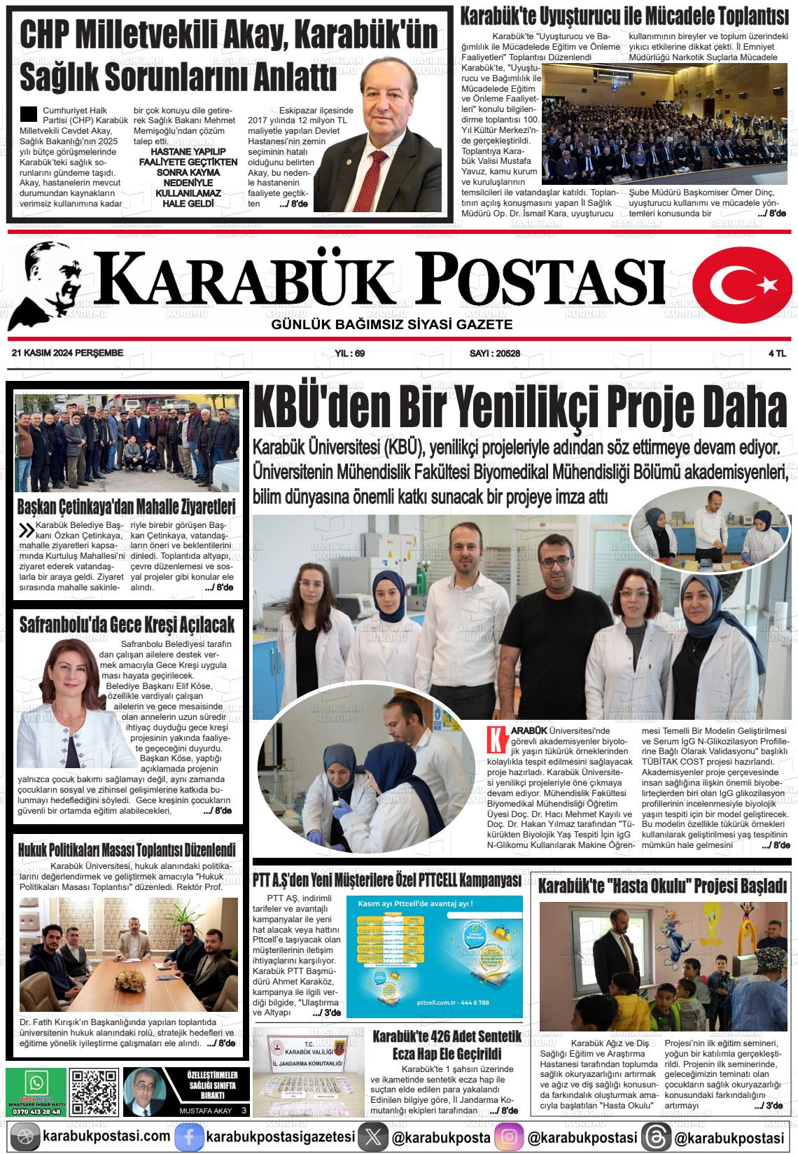 21 Kasım 2024 Karabük Postası Gazete Manşeti