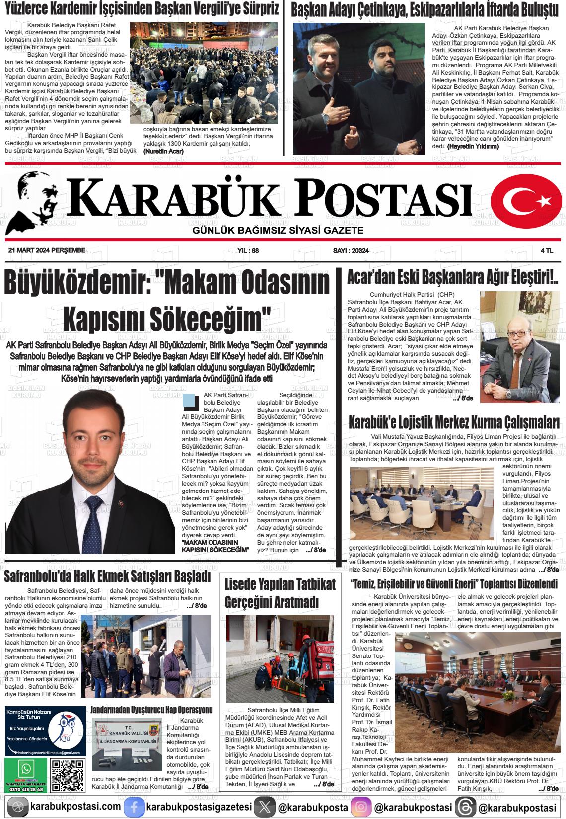 21 Mart 2024 Karabük Postası Gazete Manşeti