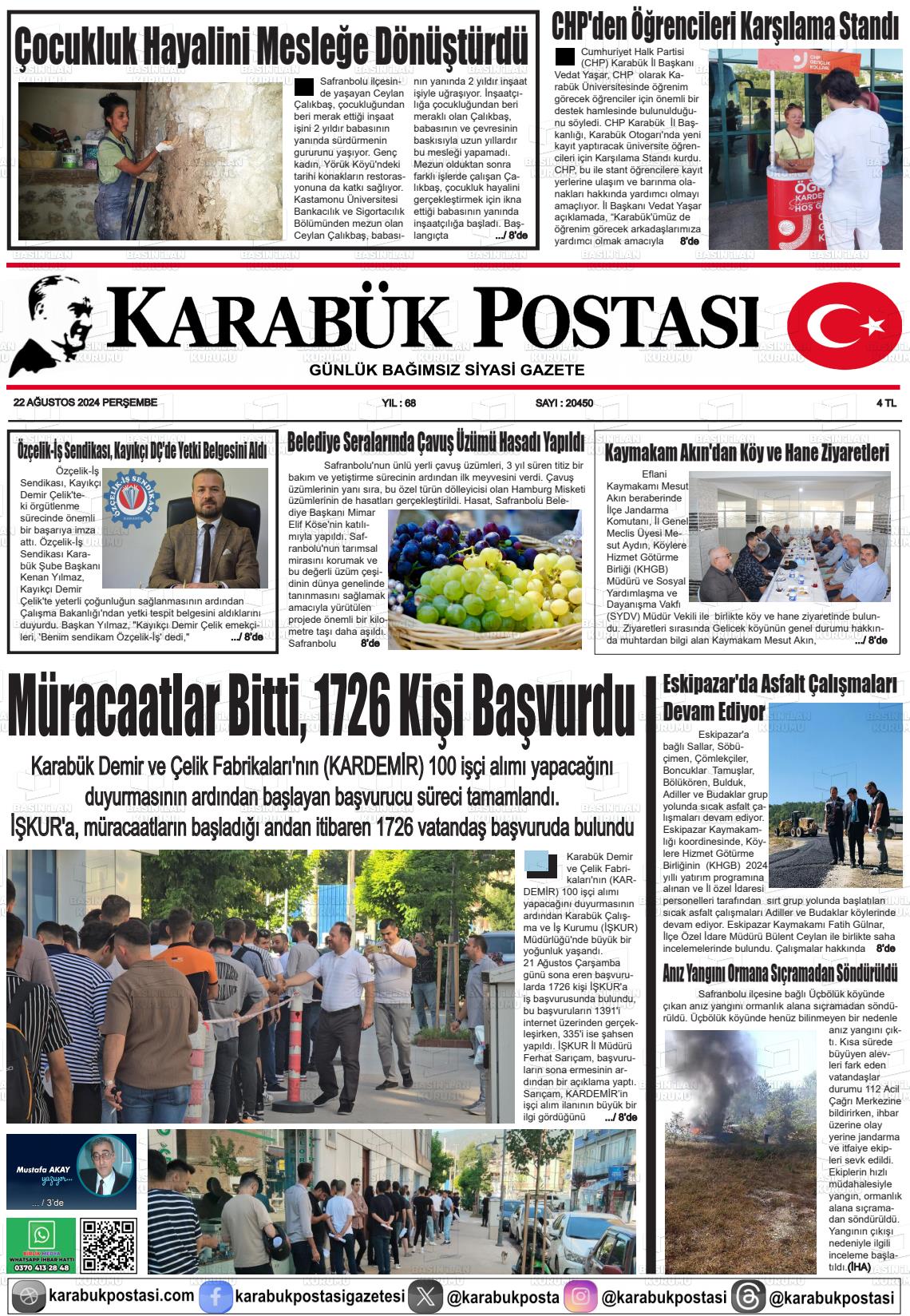 22 Ağustos 2024 Karabük Postası Gazete Manşeti